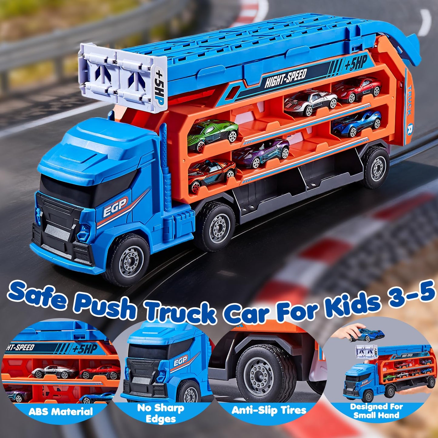 DADAPALS Race Track Truck Toys – 4-in-1 Transport Truck with 6 Die-Cast Cars (Blue)
