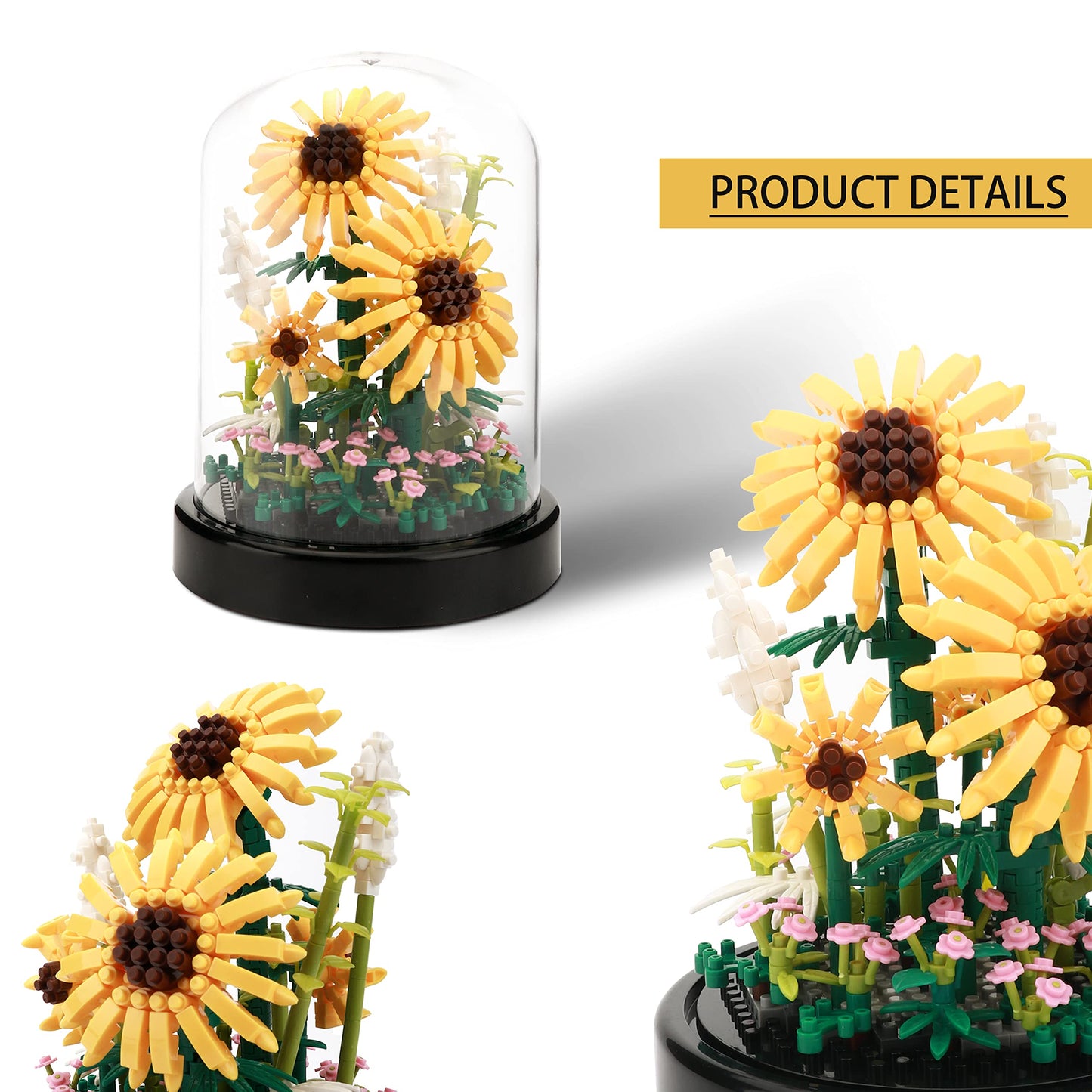 DAFDAG Sunflower DIY Building Blocks Kit – 545 PCS Bouquet for Adults 14+ | Dust Cover & Sturdy Base