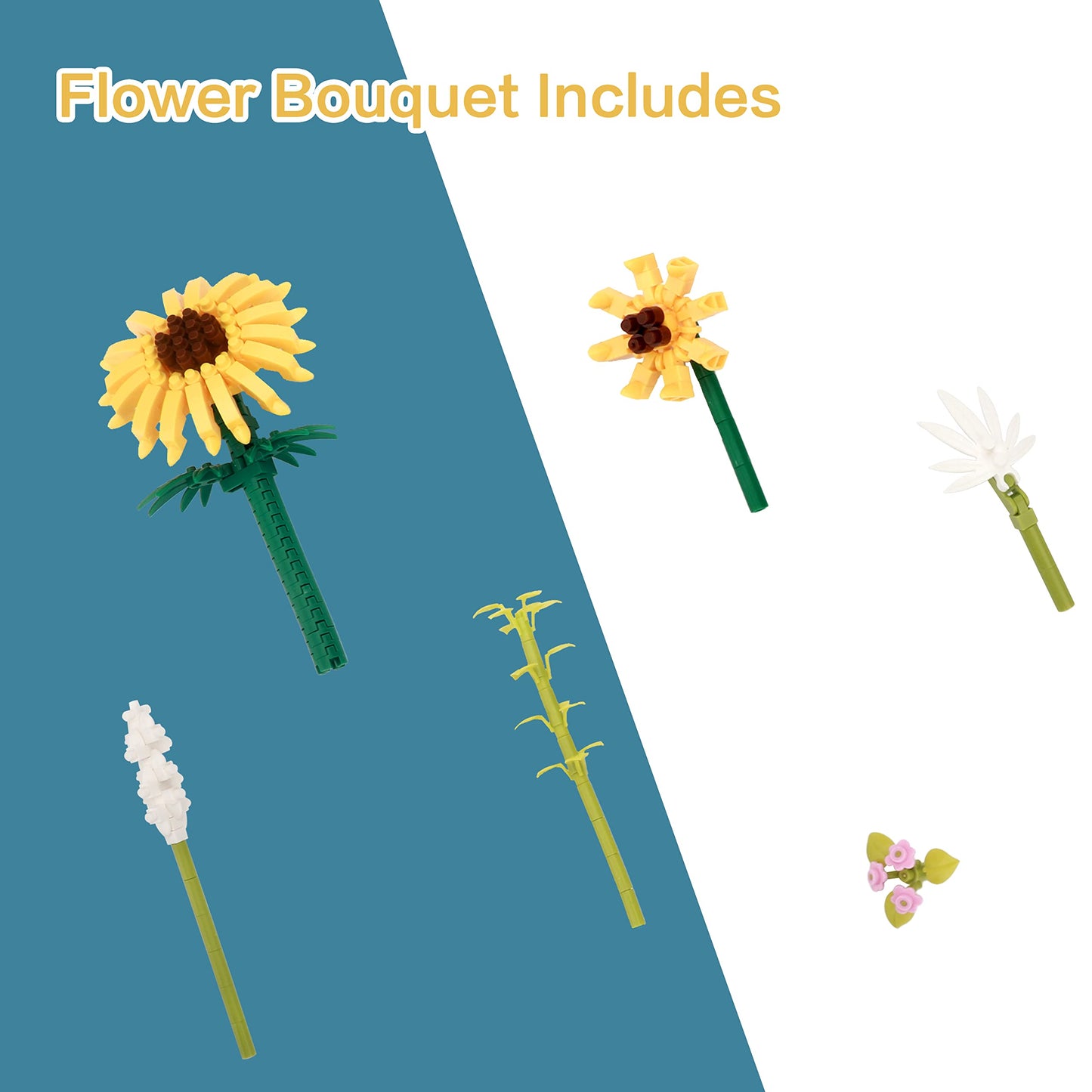 DAFDAG Sunflower DIY Building Blocks Kit – 545 PCS Bouquet for Adults 14+ | Dust Cover & Sturdy Base