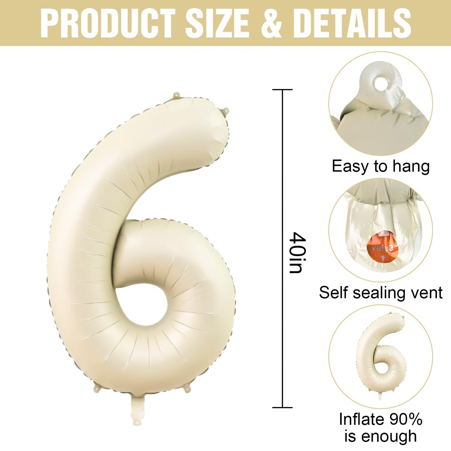 Dagelar Number 6 Beige 40-Inch Cream Foil Balloon – Large Helium Balloon for Birthdays & Events