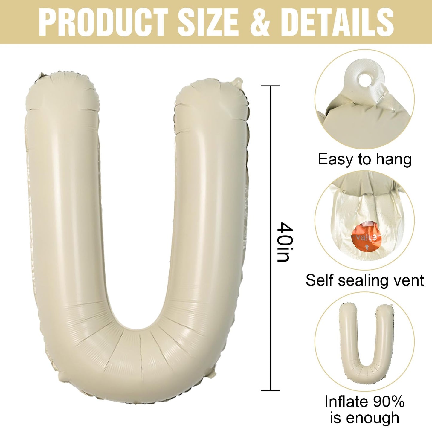 Dagelar Cream U Letter Balloon 40-Inch – Beige U Balloon for Parties