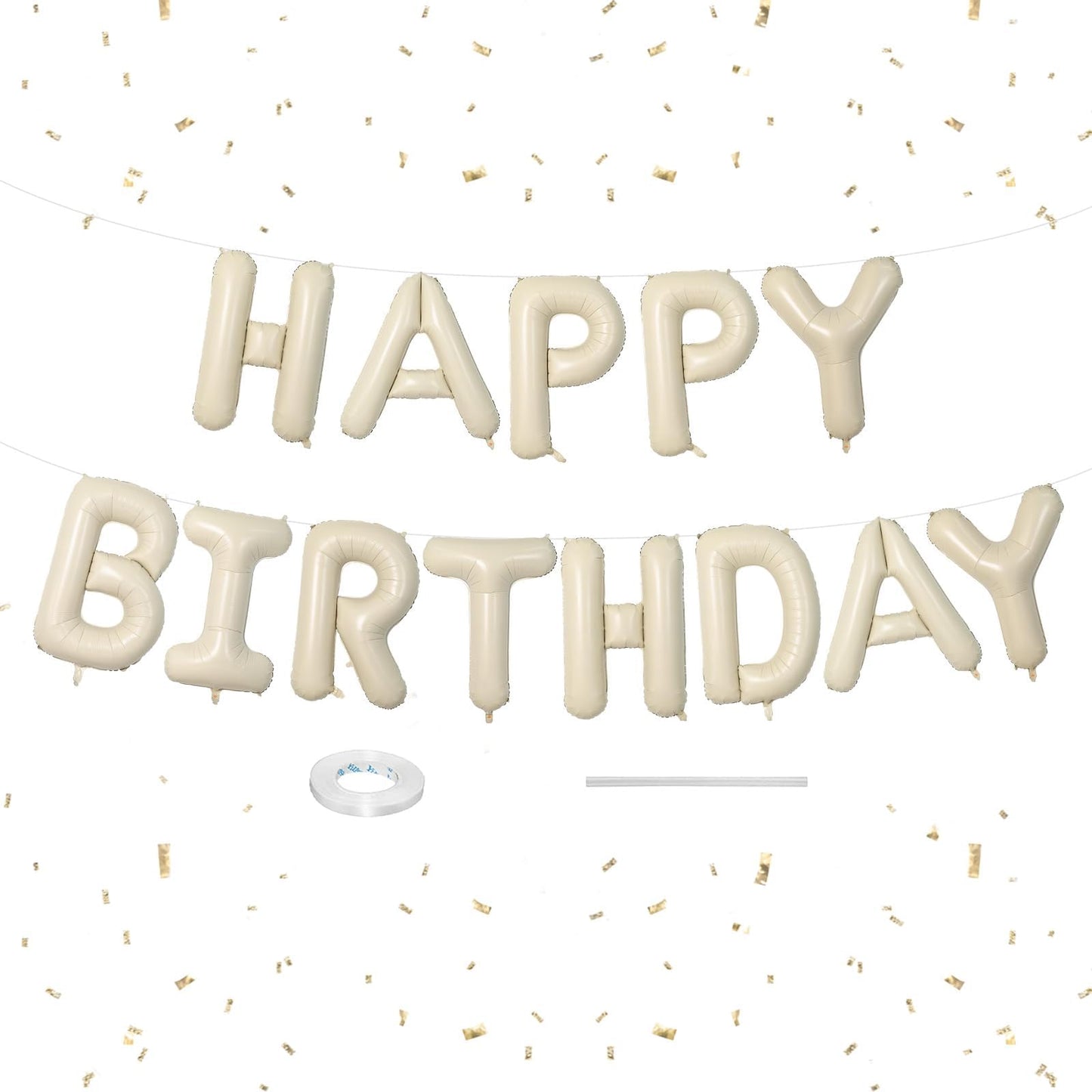 Dagelar Happy Birthday Banner Beige – 16-Inch Cream White Foil Letters