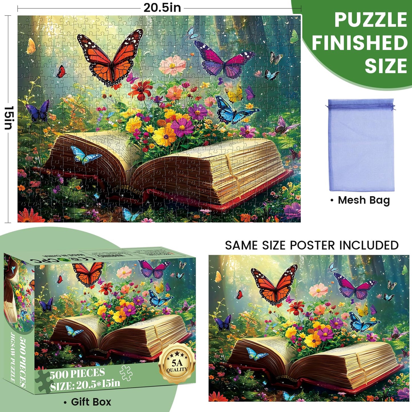 DAGIRT Flowers Book Puzzle 500 Pieces | Recycled Cardboard Jigsaw for Adults (20.5 x 15 in)