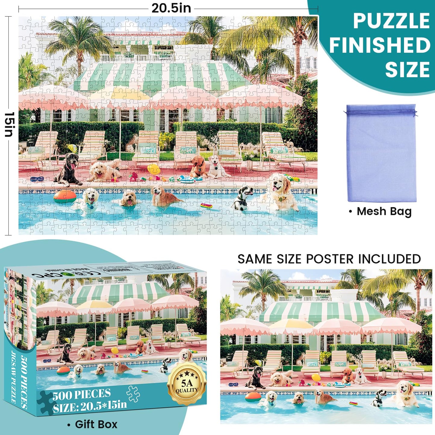 DAGIRT 500-Piece Puppy Pool Jigsaw Puzzle for Adults – Challenging Animal Puzzle, Great Gift (20.5 x 15 inches)