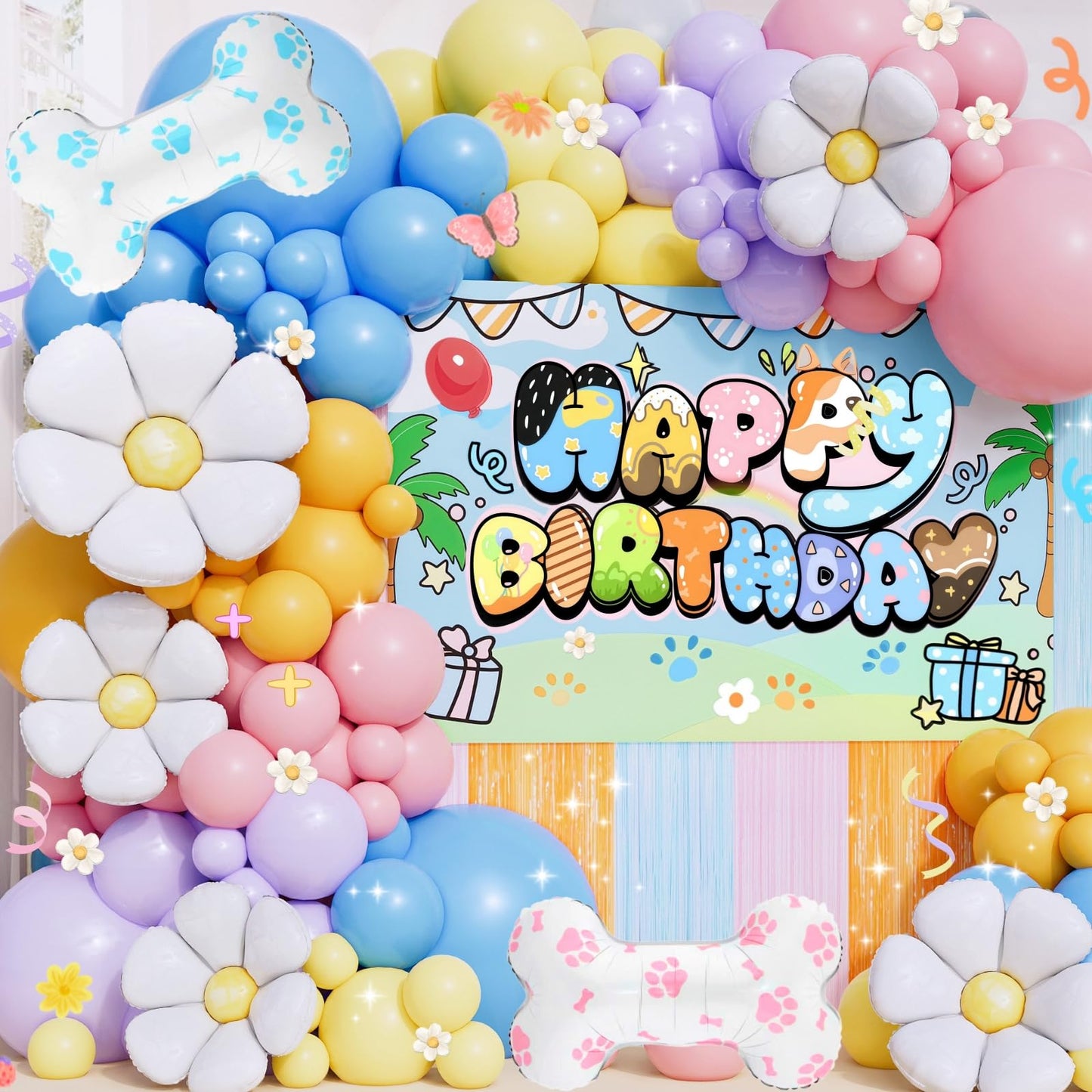 Daidle Blue Dog Birthday Party Decor Kit – Cartoon Balloon Arch, Backdrop & Fringe Curtains