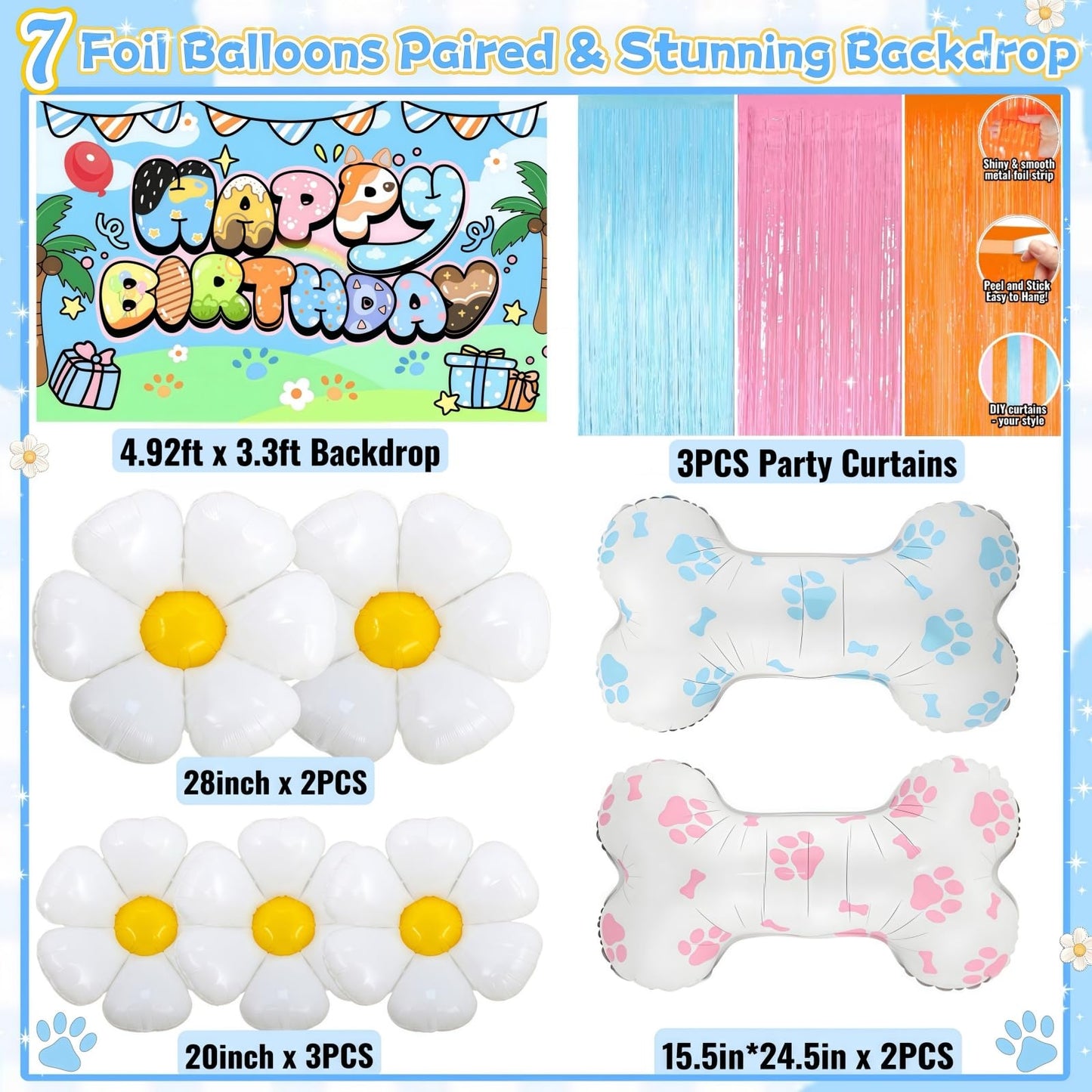 Daidle Blue Dog Birthday Party Decor Kit – Cartoon Balloon Arch, Backdrop & Fringe Curtains
