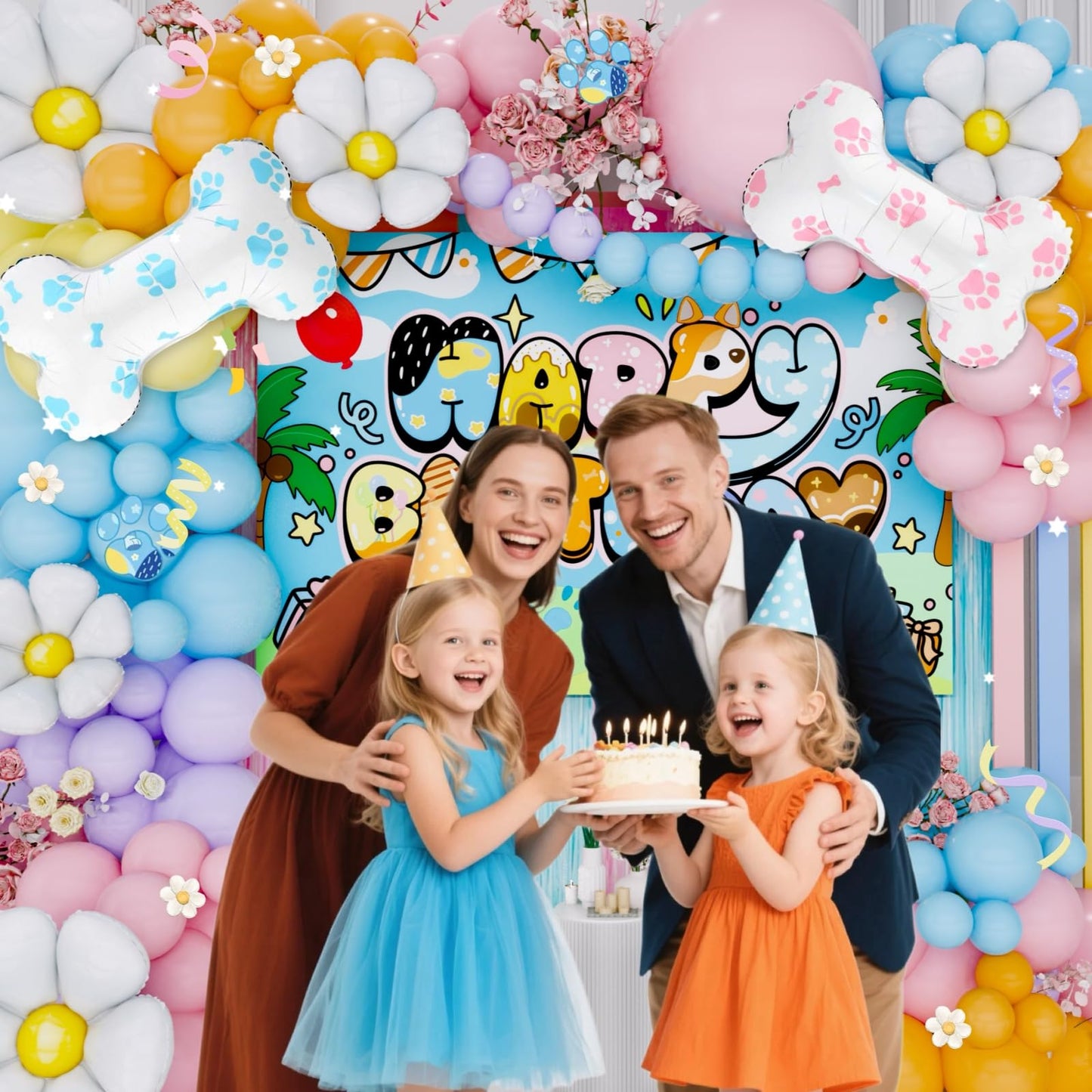 Daidle Blue Dog Birthday Party Decor Kit – Cartoon Balloon Arch, Backdrop & Fringe Curtains