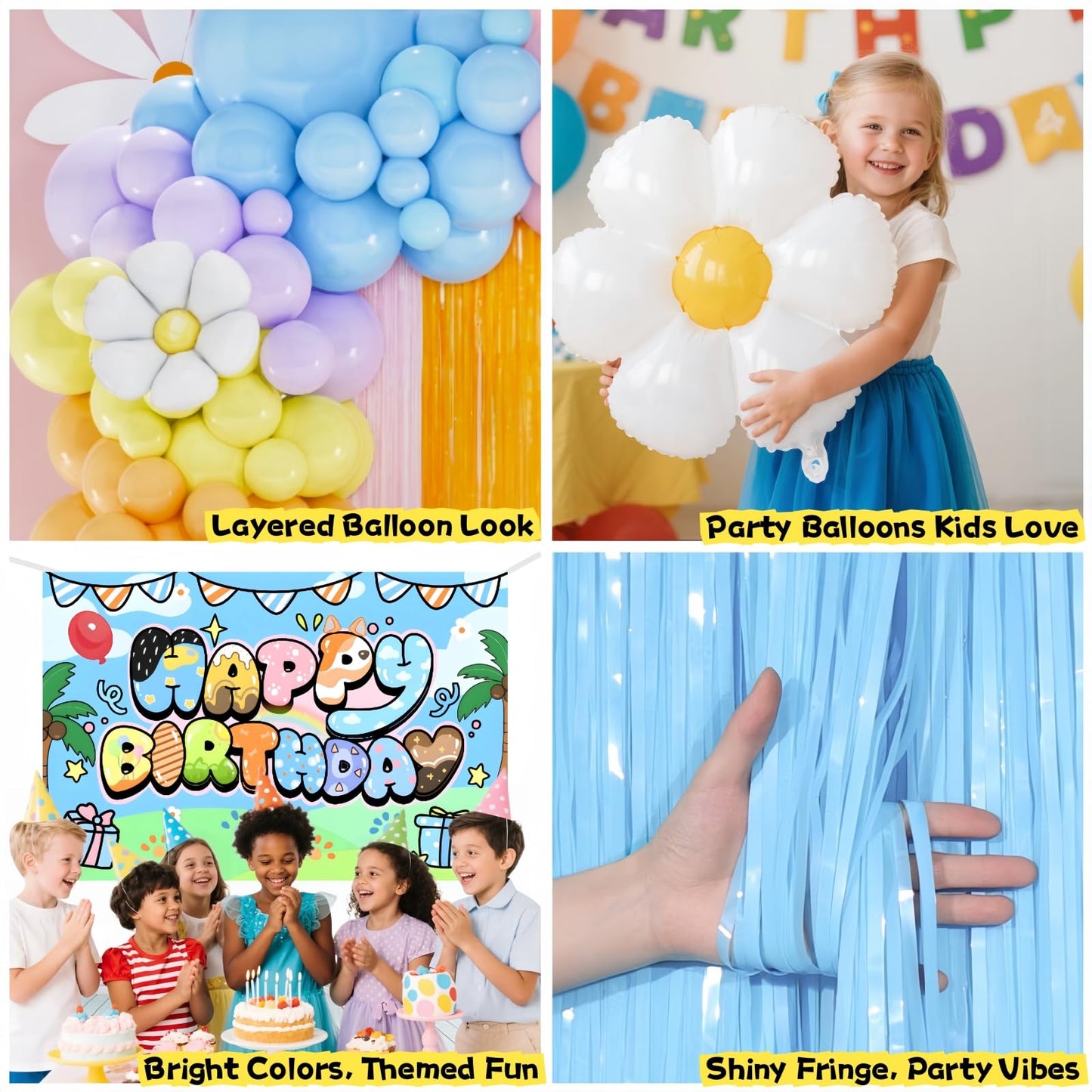 Daidle Blue Dog Birthday Party Decor Kit – Cartoon Balloon Arch, Backdrop & Fringe Curtains