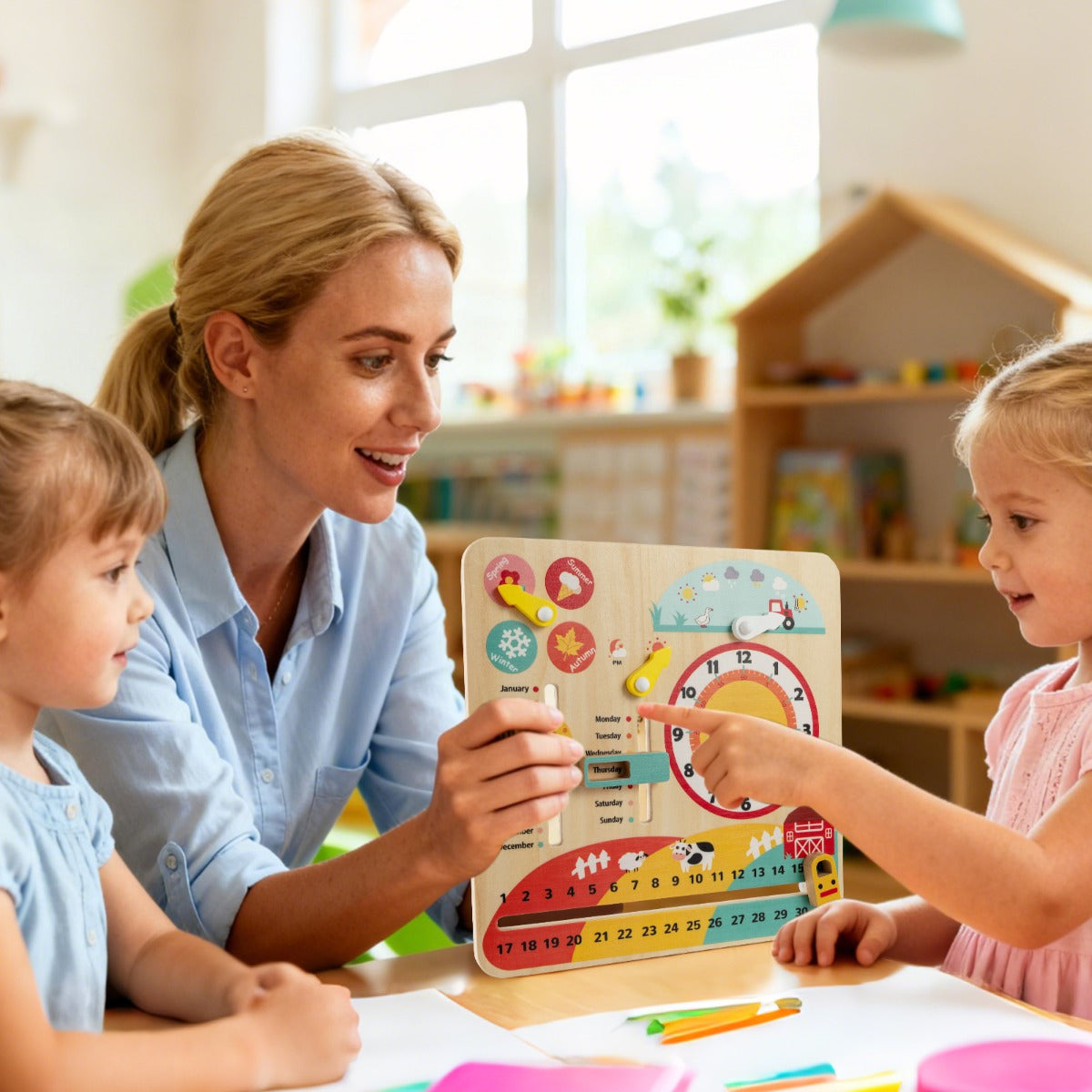 Daily Calendar Wooden Toy with Clock and Seasons