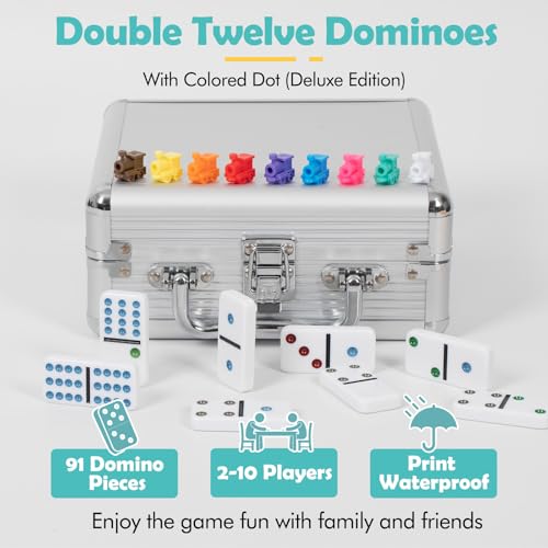 DAILYLIFE Mexican Train Dominoes Set | Double 12, 91 Tiles, Portable Aluminum Case