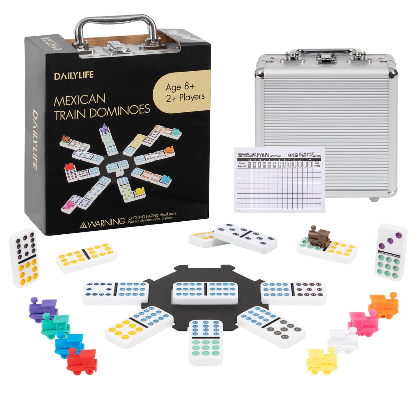 DAILYLIFE Mexican Train Dominoes Set | Double 12, 91 Tiles, Portable Aluminum Case