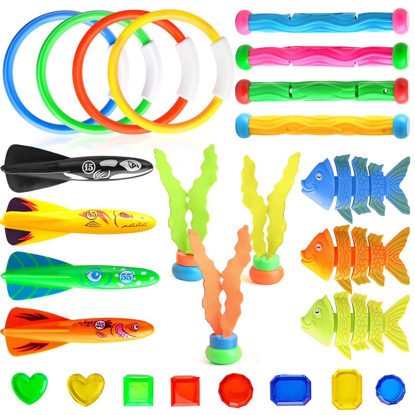 Daisiki Dive Rings Pool Toys – 26-Piece Set for Kids 4-8 | Sharks, Octopus & Torpedo