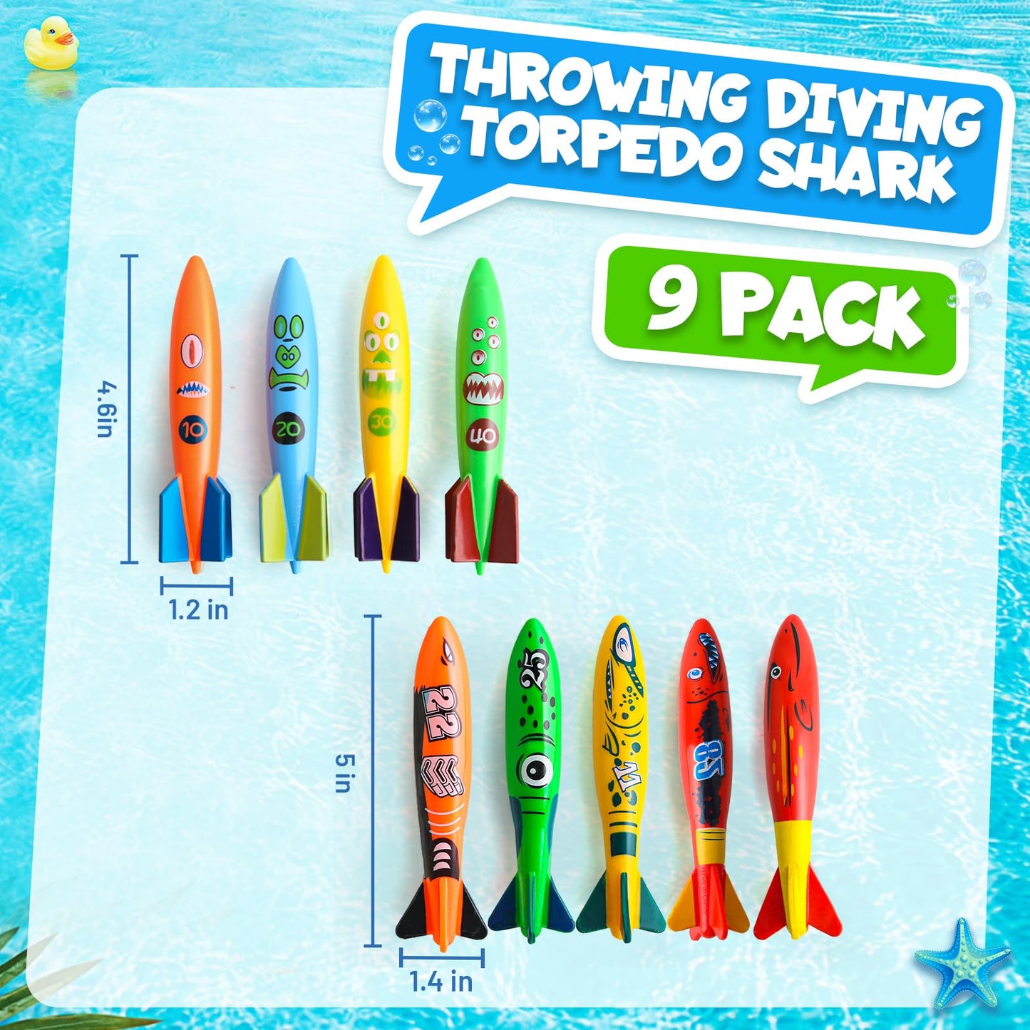 Daisiki Dive Rings Pool Toys - 9-Piece Torpedo & Ring Set for Kids 4–8