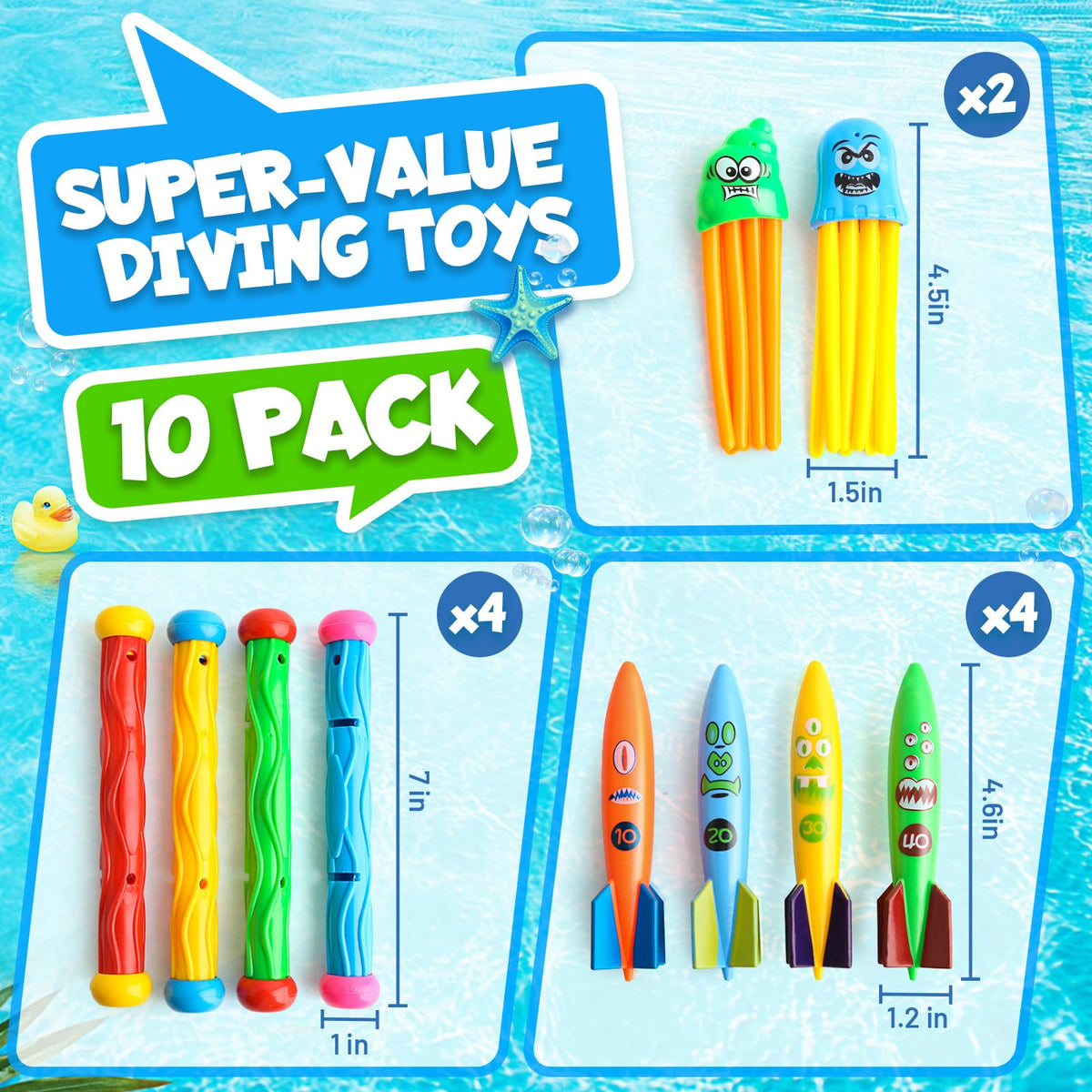 Daisiki Dive Rings Pool Toys – Shark Torpedo & Octopus Set for Kids 4-8