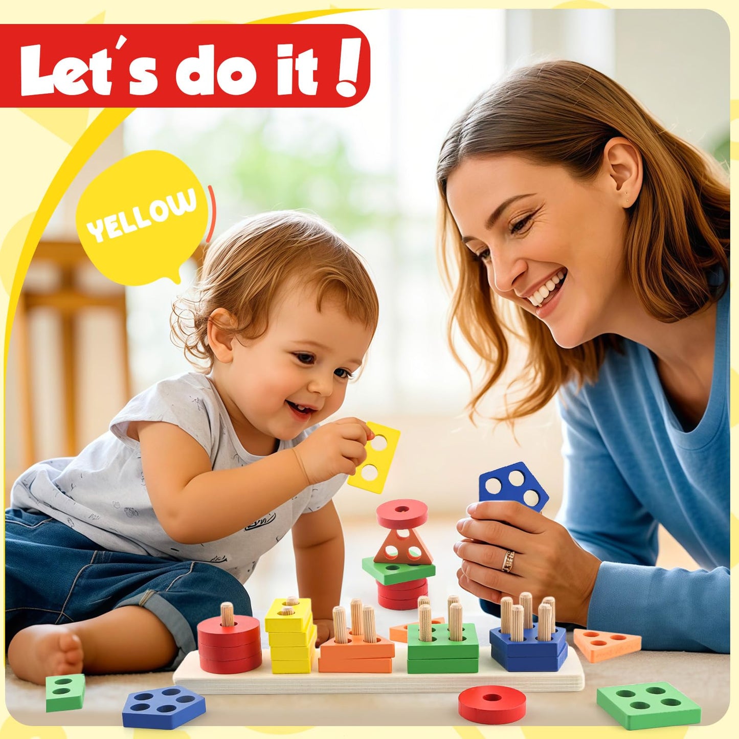 Daisiki Montessori Wooden Sensory Toys for 1-3 Year Olds | Stacking & Sorting Puzzle (20 Pieces)