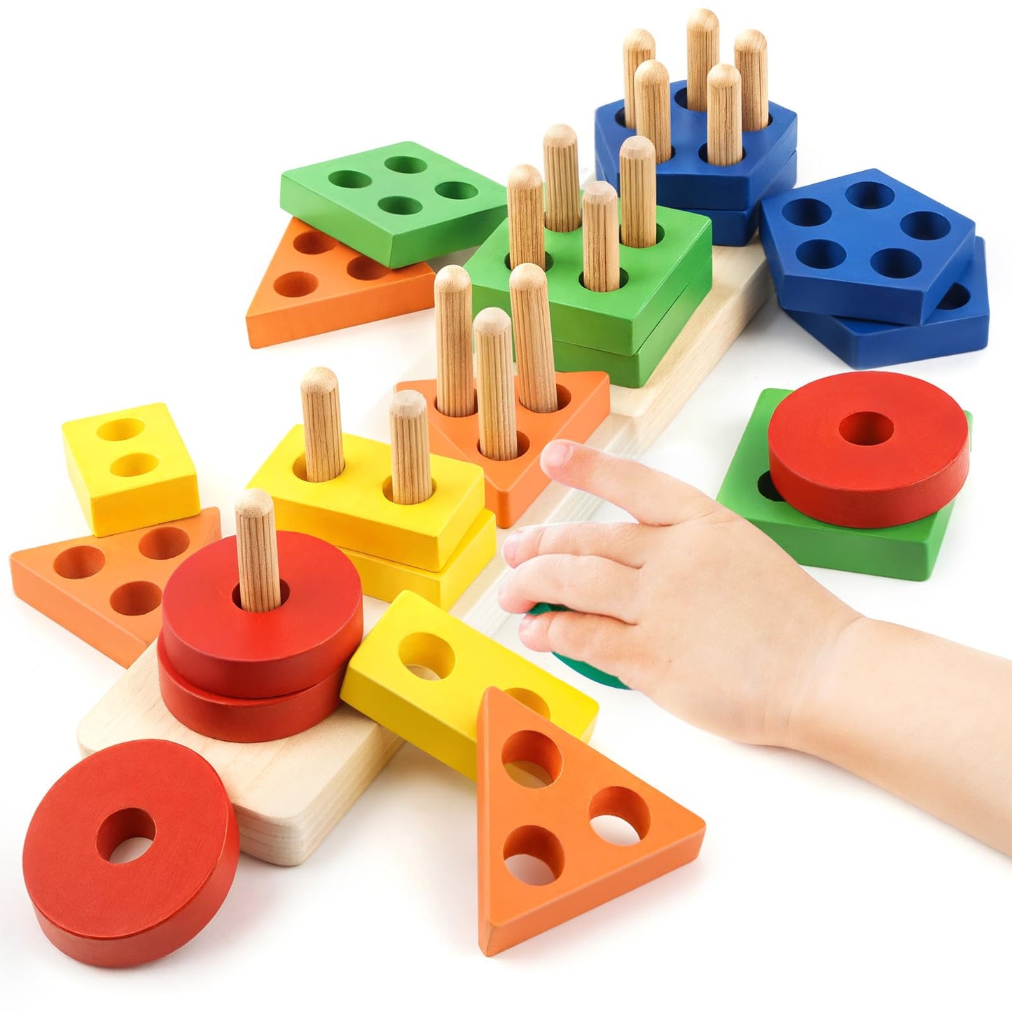 Daisiki Montessori Wooden Sensory Toys for 1-3 Year Olds | Stacking & Sorting Puzzle (20 Pieces)