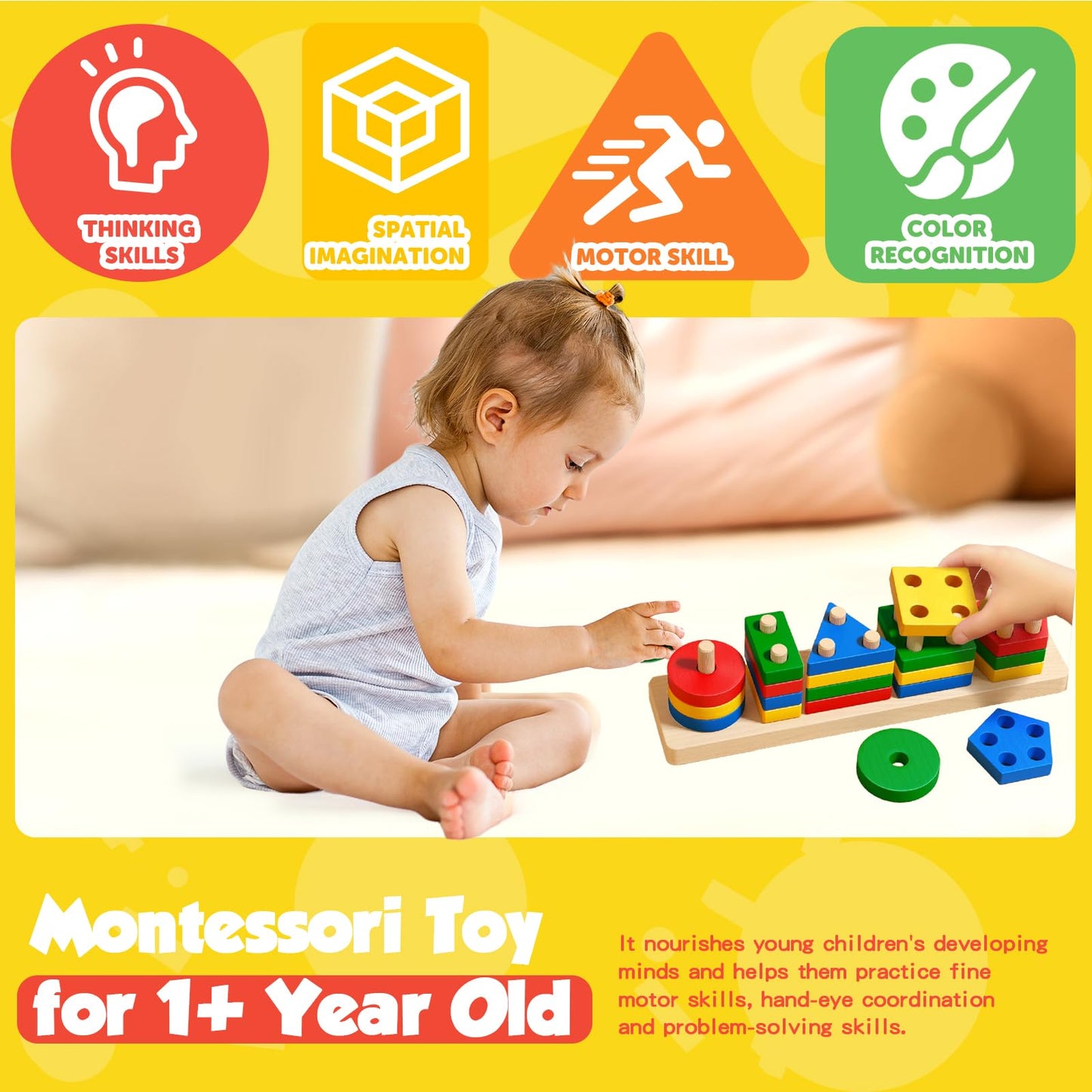 Daisiki Montessori Wooden Toys for Ages 1-3 | Sensory Stacking & Sorting Puzzle Set