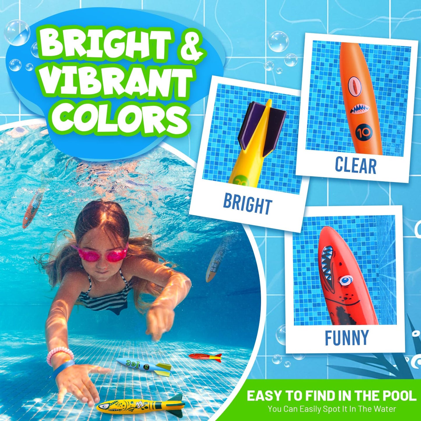 Daisiki Dive Rings Pool Toys - 9-Piece Torpedo & Ring Set for Kids 4–8