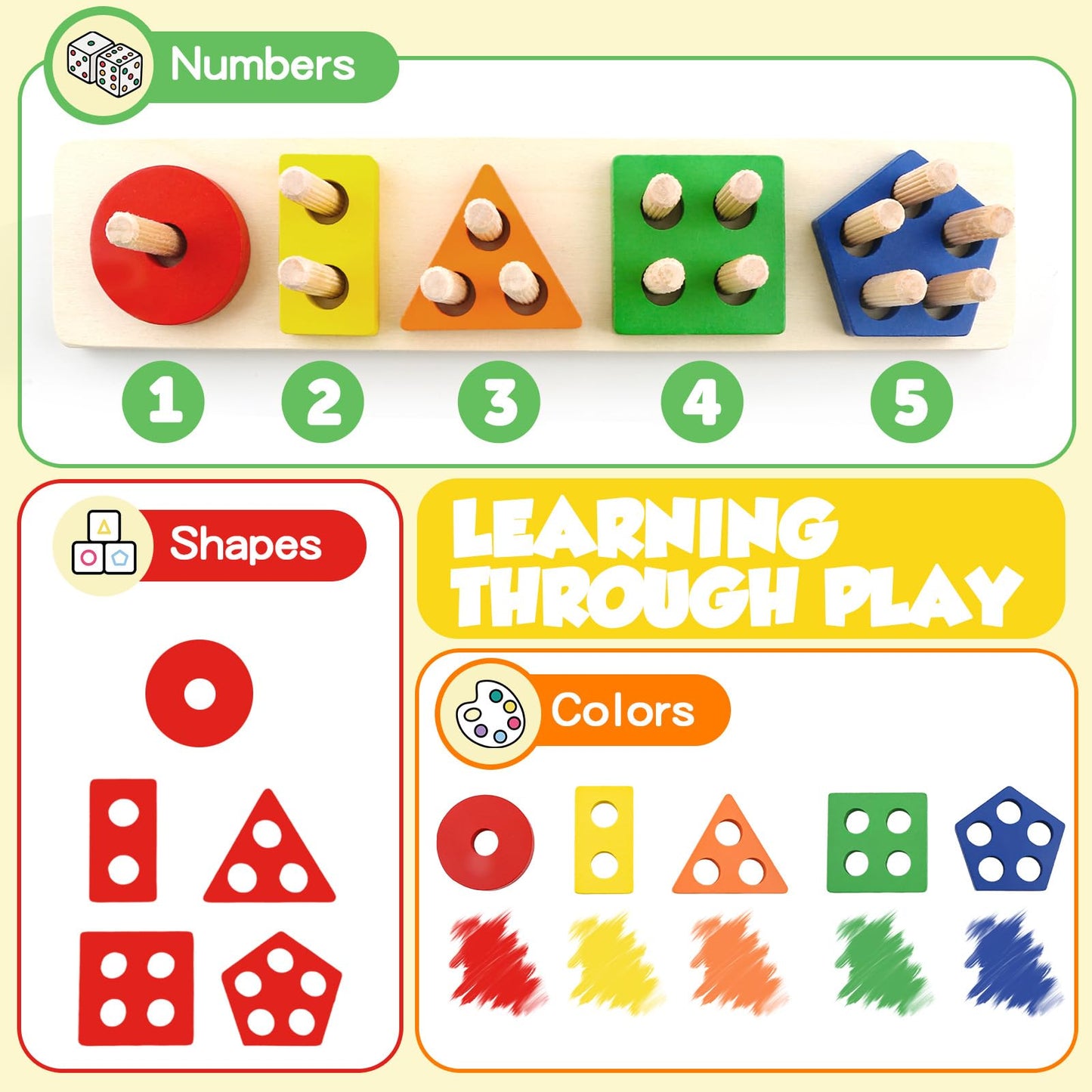 Daisiki Montessori Wooden Sensory Toys for 1-3 Year Olds | Stacking & Sorting Puzzle (20 Pieces)