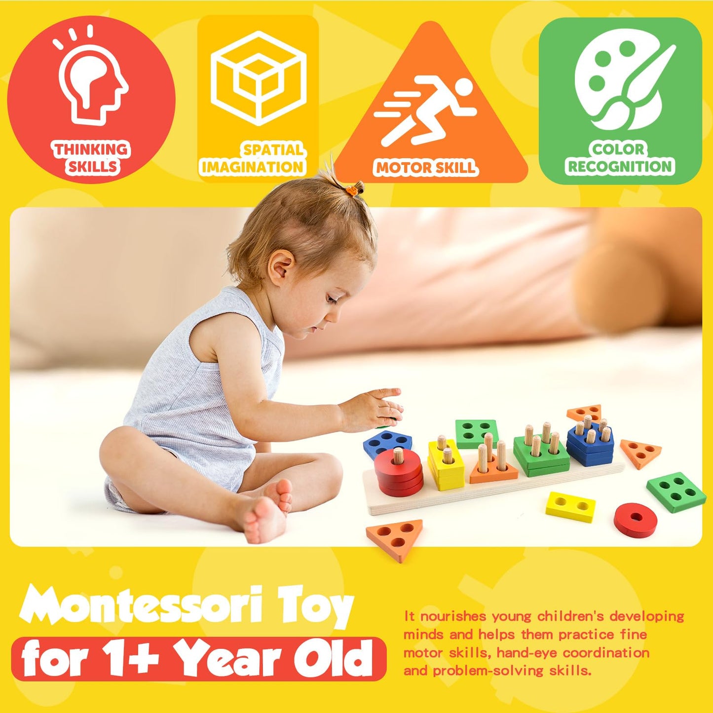 Daisiki Montessori Wooden Sensory Toys for 1-3 Year Olds | Stacking & Sorting Puzzle (20 Pieces)