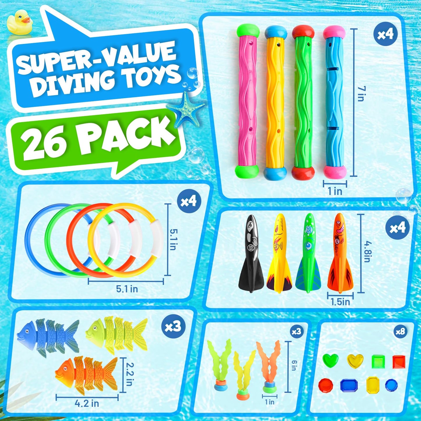 Daisiki Dive Rings Pool Toys – 26-Piece Set for Kids 4-8 | Sharks, Octopus & Torpedo