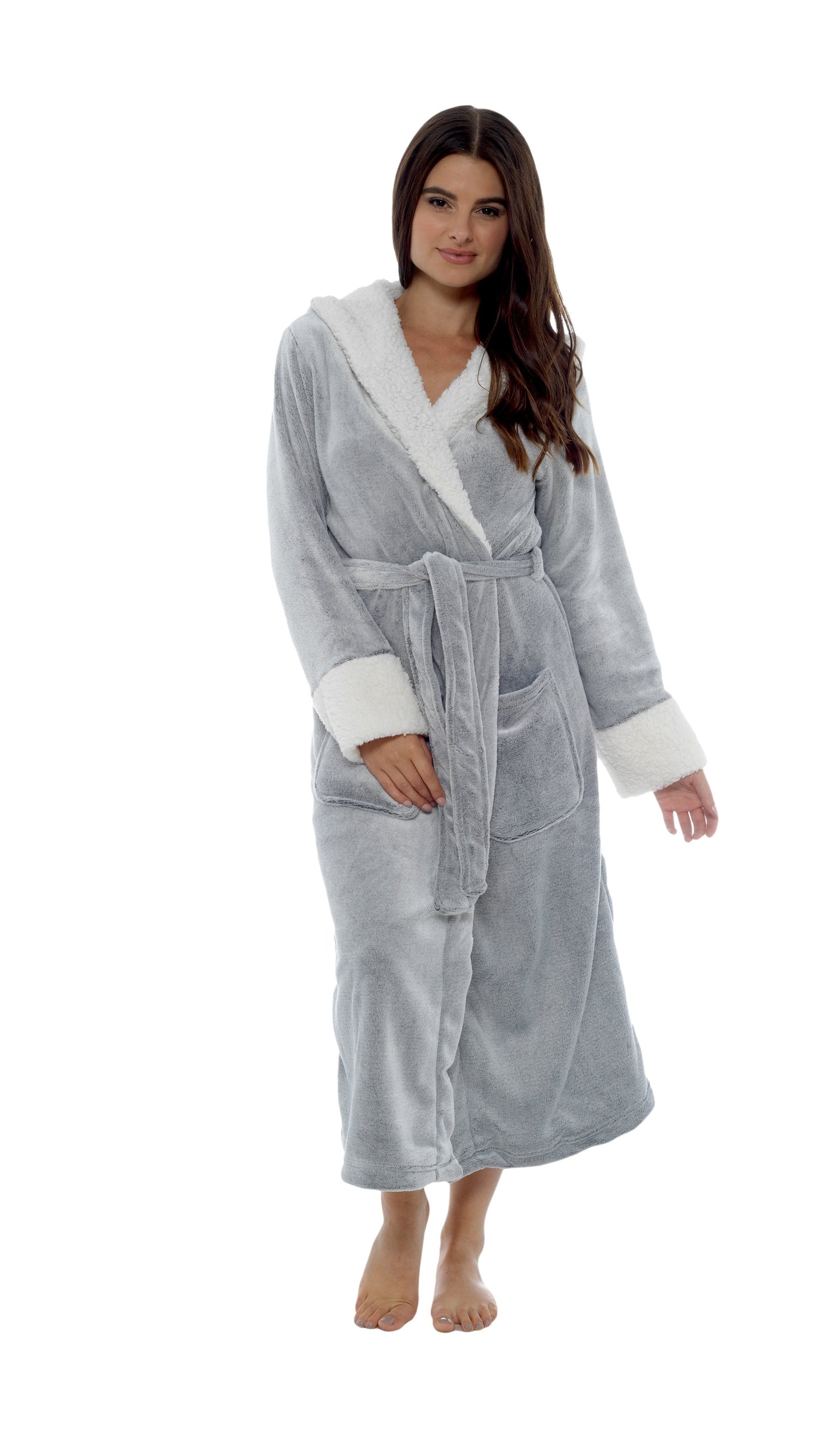 OLIVIA ROCCO Shimmer Fleece Hooded Bath Robe Grey For Women Luxurious Soft Plush Dressing