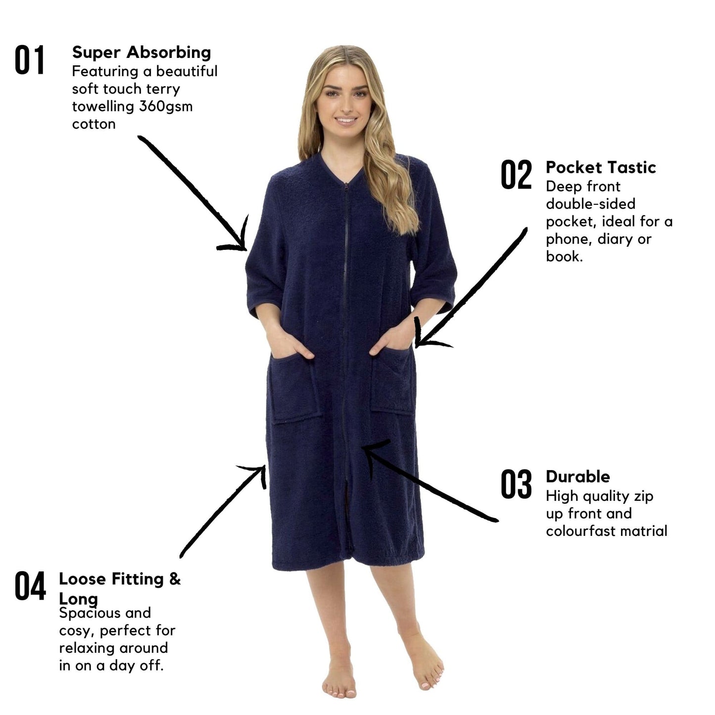 OLIVIA ROCCO Women's Terry Towelling Zip-Through Bathrobe 100% Cotton Ultra Absorbent