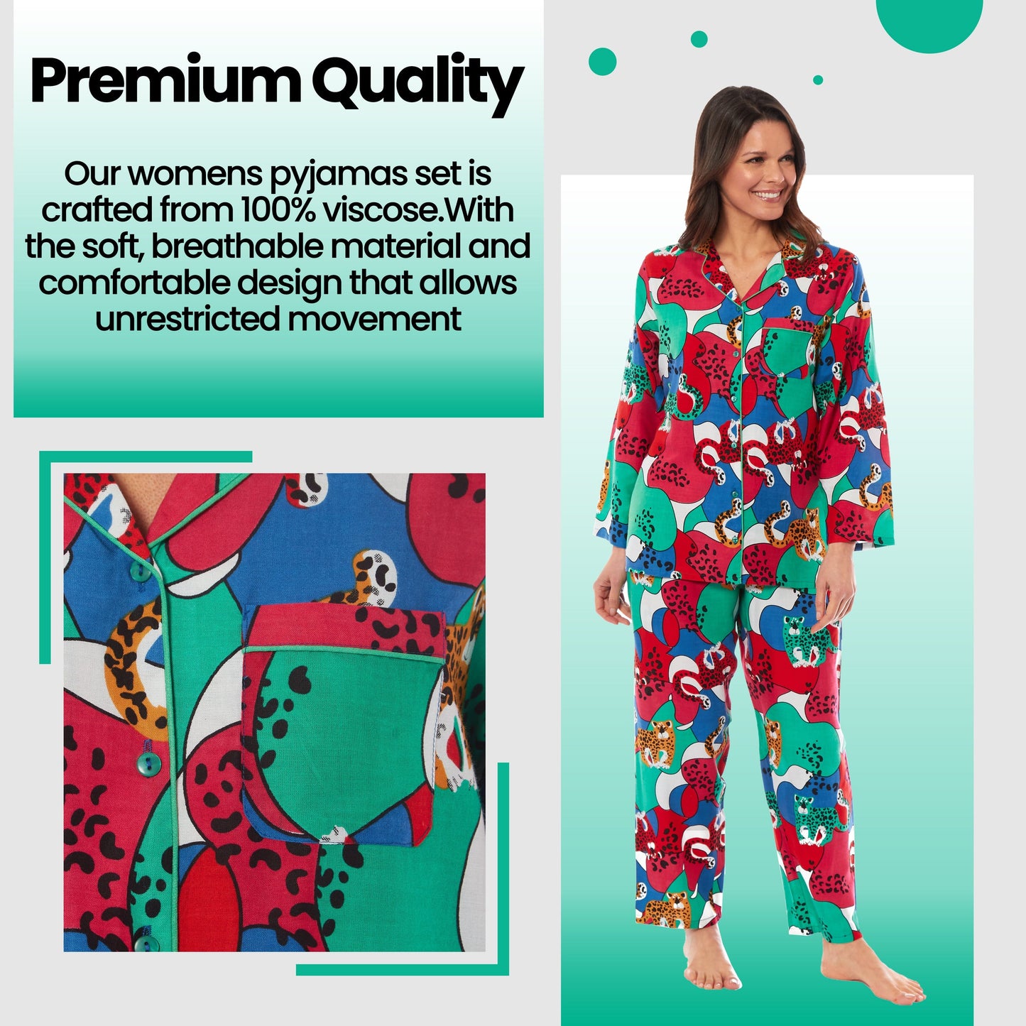 OLIVIA ROCCO Leopard Print Button Up Pyjama Set in Soft Breathable Viscose Sleepwear