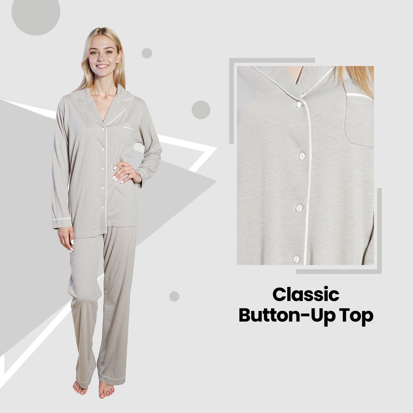 OLIVIA ROCCO Womens Grey Pyjama Set Soft Touch Long Sleeve Button Up Top Super Soft Cosy Home Loungewear