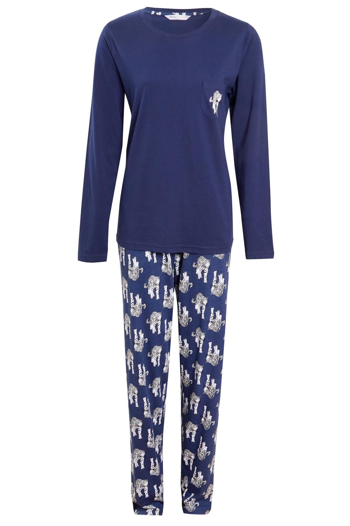 OLIVIA ROCCO Navy Tiger Print Pyjama Set For Women 100% Soft Cotton Relaxed Fit Nightwear