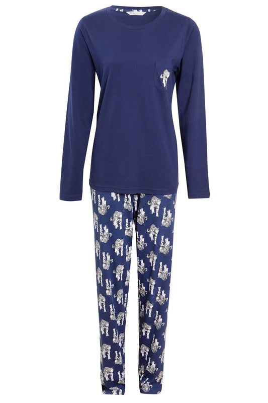 OLIVIA ROCCO Navy Tiger Print Pyjama Set For Women 100% Soft Cotton Relaxed Fit Nightwear