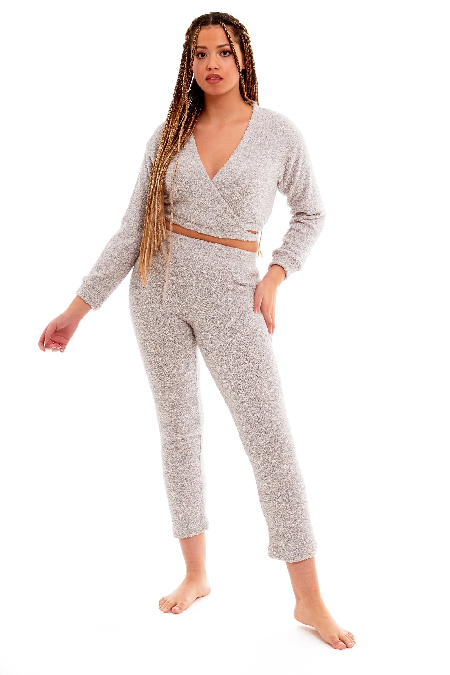 OLIVIA ROCCO Womens Teddy Fleece Loungewear Set With Wrap Top And Stretch Pants Easy-Care Super Soft Sleep Set