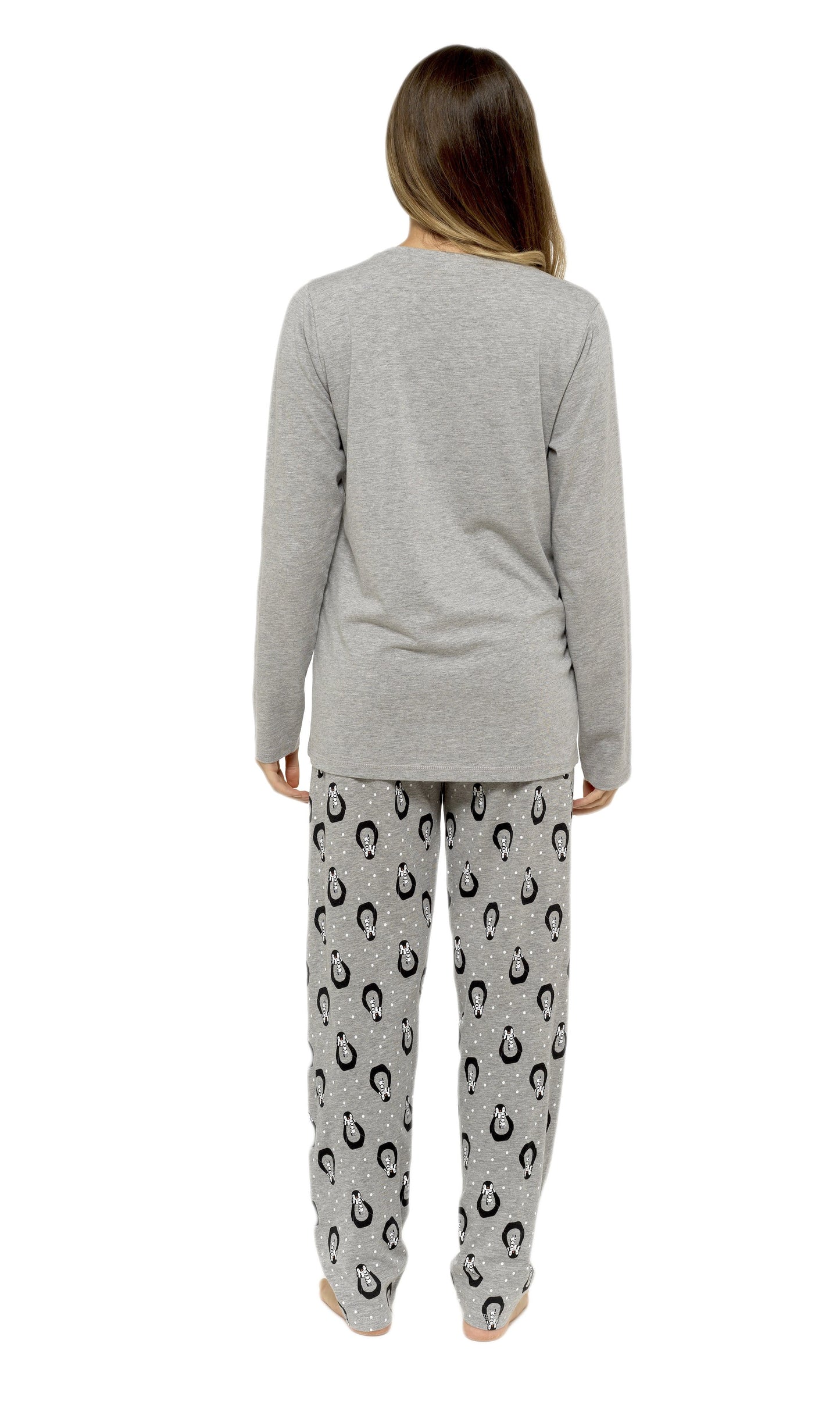 OLIVIA ROCCO Women's Penguin Stars Grey Cotton Pyjama Set Easy-Care Super Soft Sleep Set