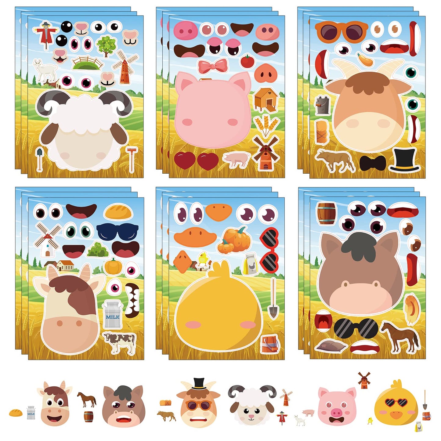 DaiUni 24 Sheets Farm Animal Make-a-Face Stickers for Kids | DIY Party Craft