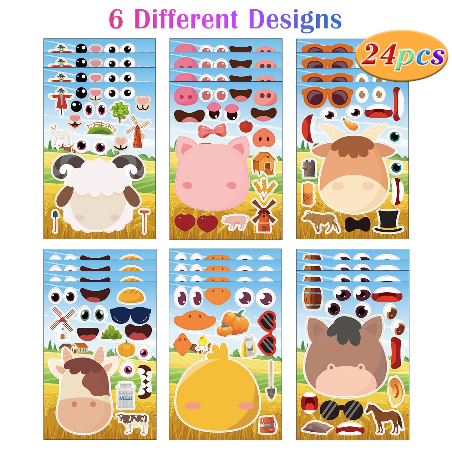 DaiUni 24 Sheets Farm Animal Make-a-Face Stickers for Kids | DIY Party Craft