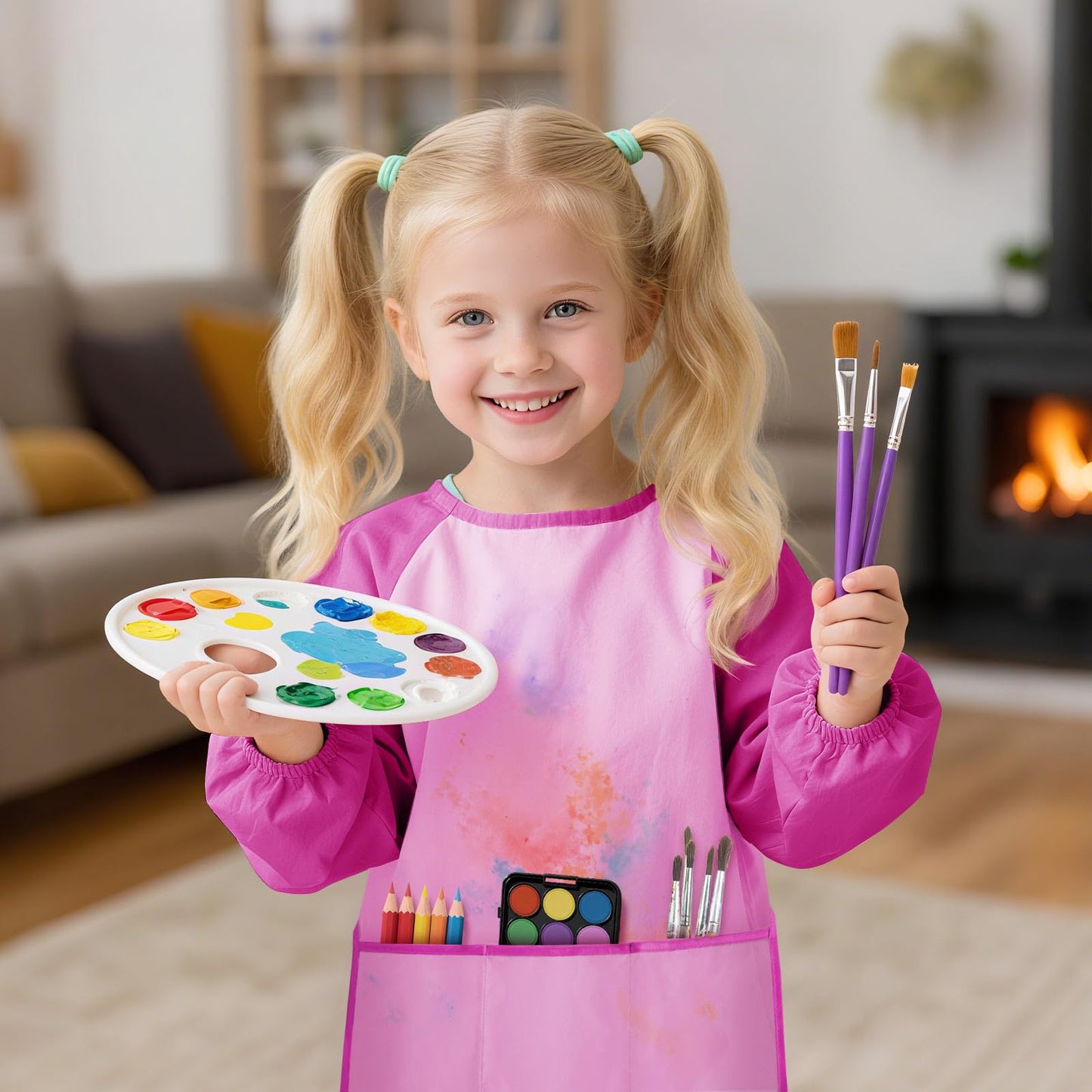 DaiUni Kids Art Smock (Pink) – Waterproof Painting Apron for Ages 2–6