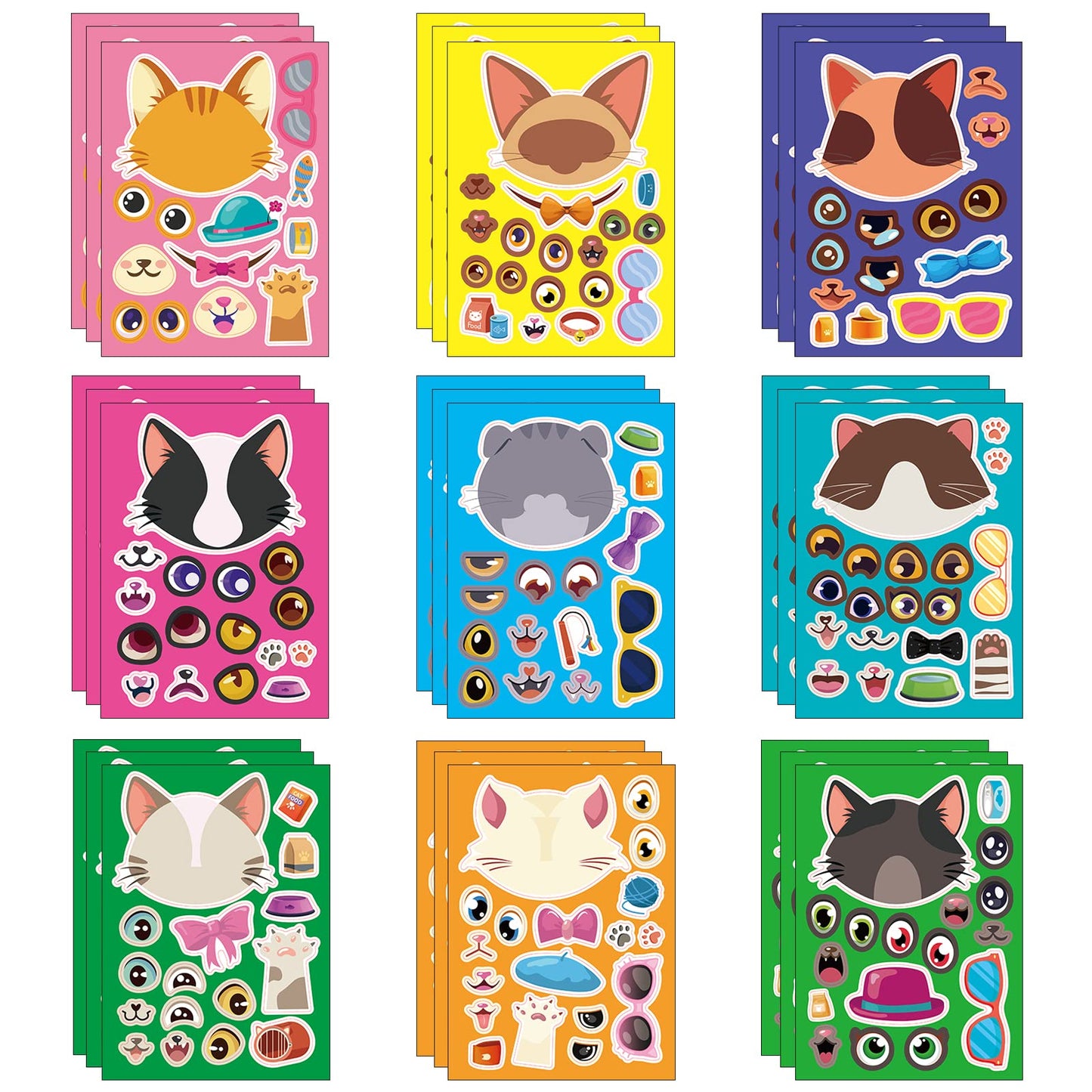 DaiUni 27 Sheets Cat Face Stickers for Kids — DIY Sticker Craft & Party Favors