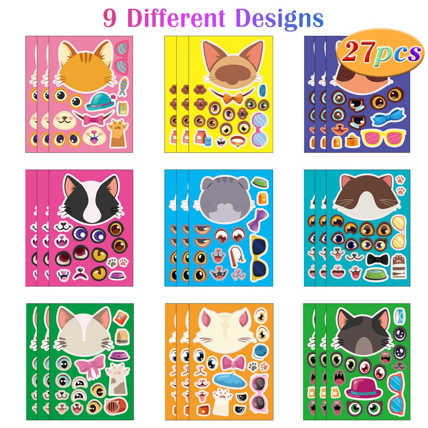 DaiUni 27 Sheets Cat Face Stickers for Kids — DIY Sticker Craft & Party Favors