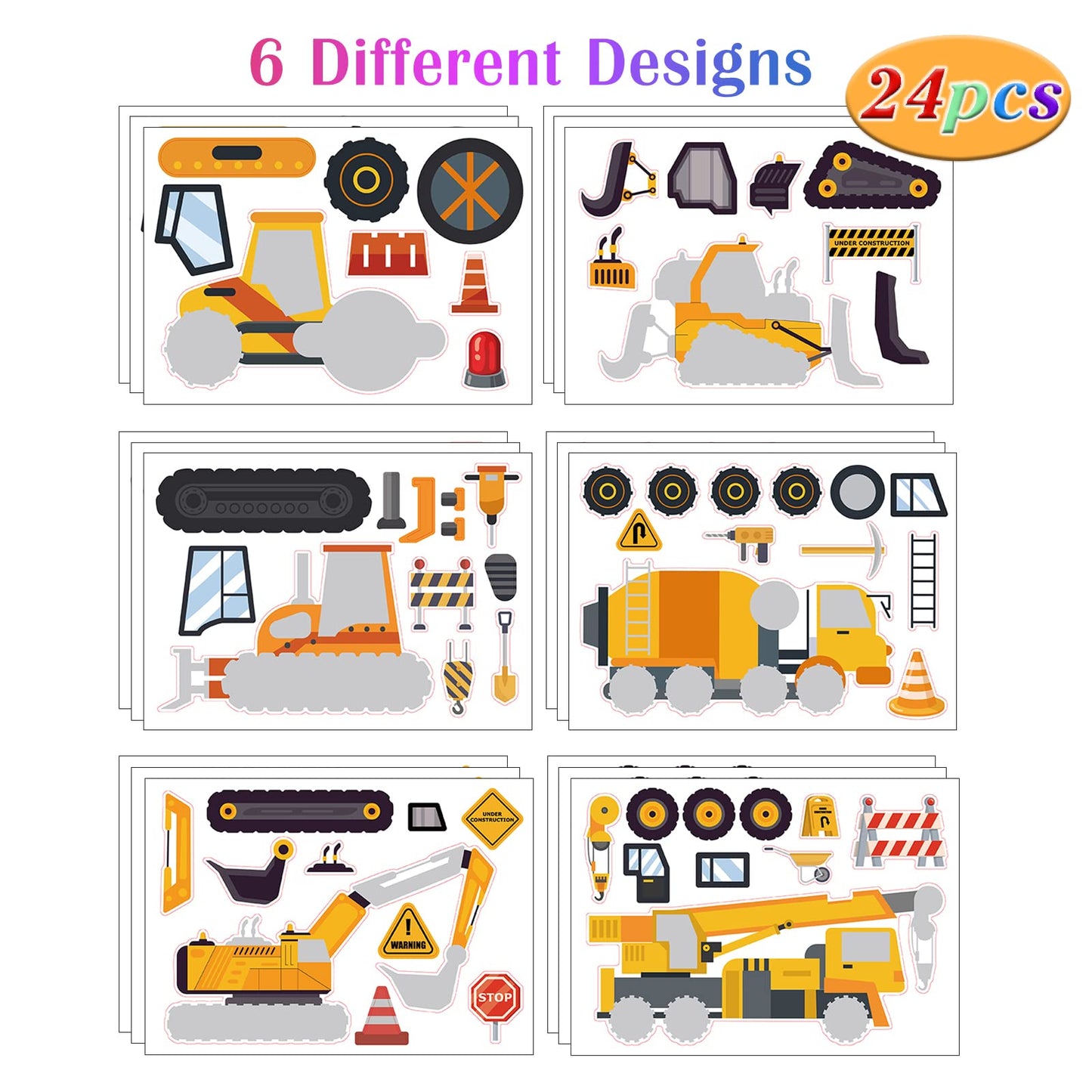 DaiUni 24 Sheets Construction Face Stickers for Kids – Creative Craft & Party Favors