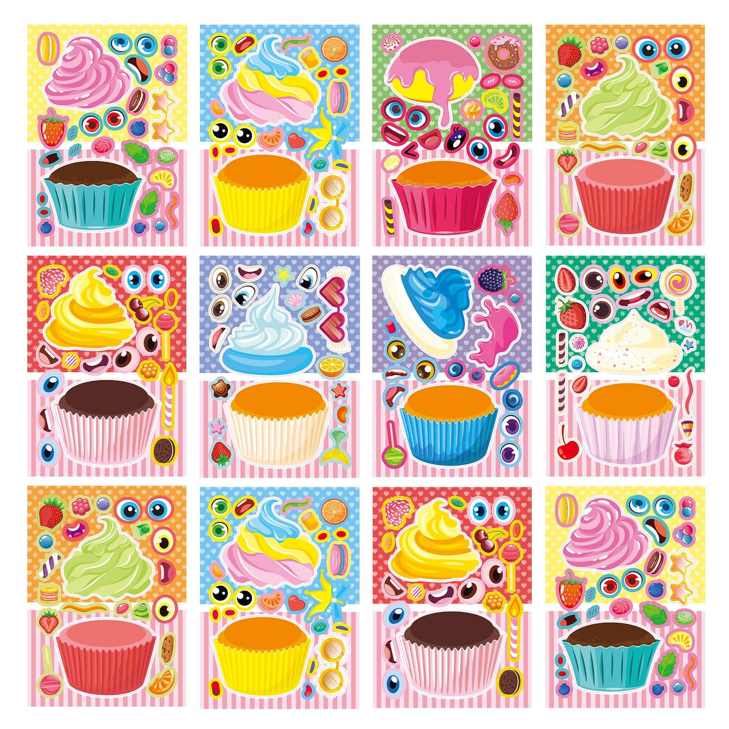 DaiUni 24 Sheets Make-Your-Own Cupcake Stickers for Kids | Face Stickers for Parties & Crafts