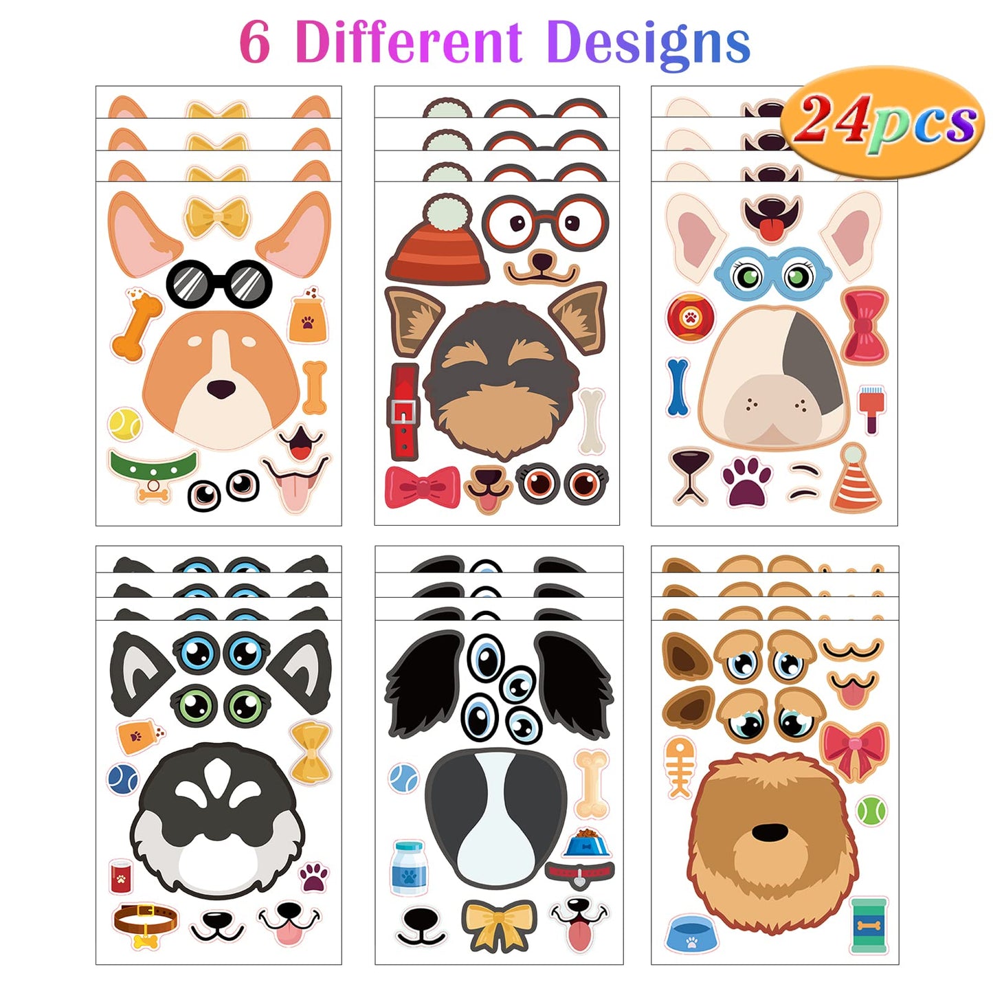 DaiUni 24 Sheets Dog Make-a-Face Sticker Sheets for Kids - Creative Craft & Party Favors