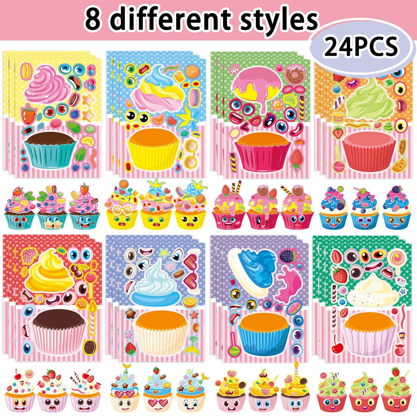 DaiUni 24 Sheets Make-Your-Own Cupcake Stickers for Kids | Face Stickers for Parties & Crafts