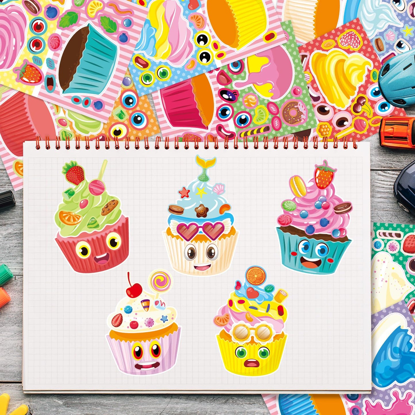DaiUni 24 Sheets Make-Your-Own Cupcake Stickers for Kids | Face Stickers for Parties & Crafts