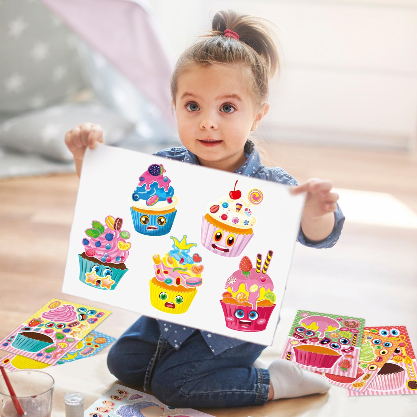 DaiUni 24 Sheets Make-Your-Own Cupcake Stickers for Kids | Face Stickers for Parties & Crafts