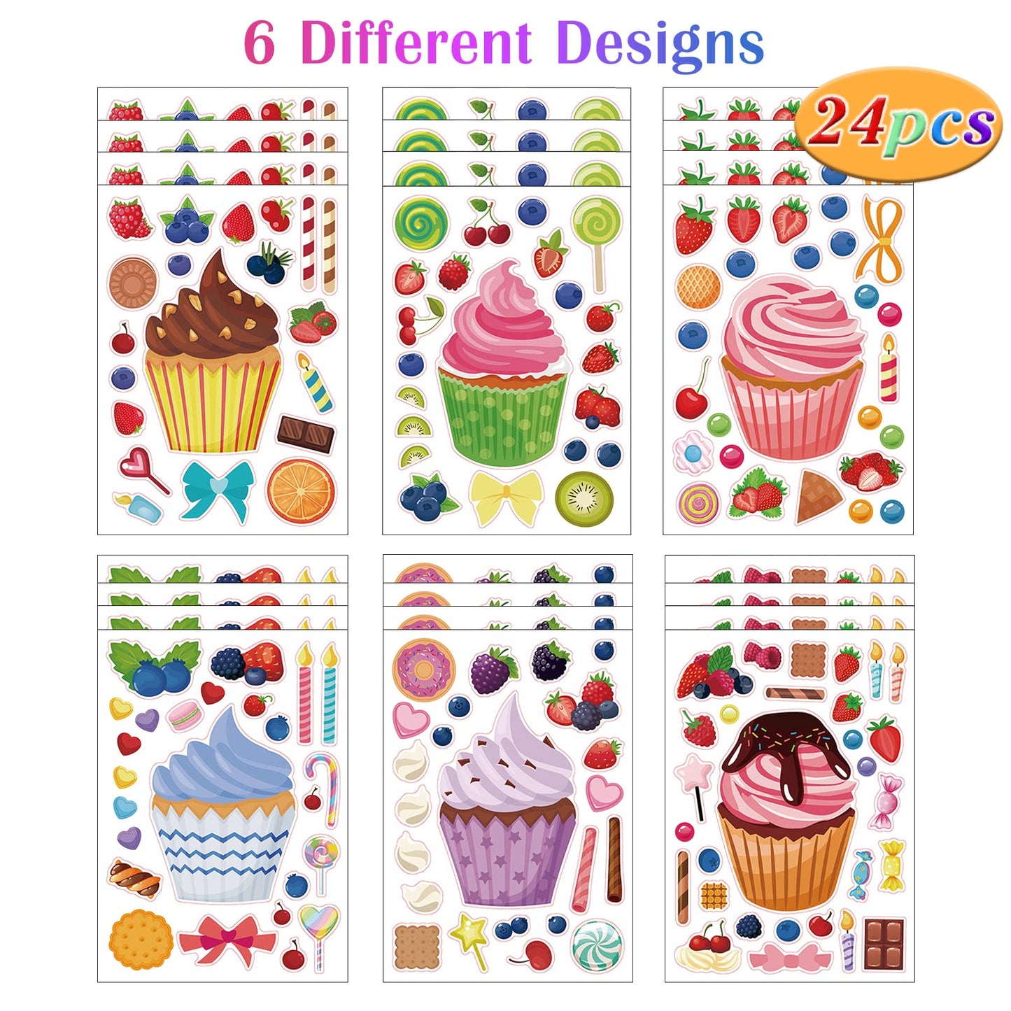 DaiUni 24-Sheet Cupcake Make-a-Face Stickers for Kids | DIY Craft & Party Favors
