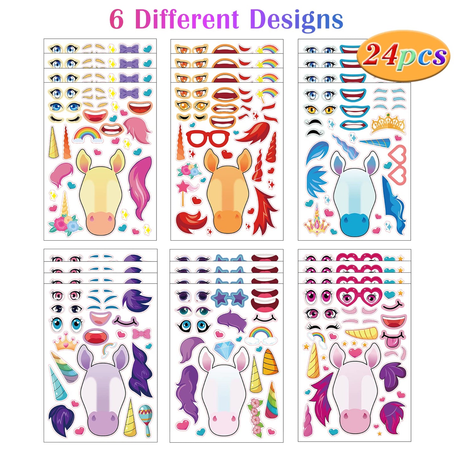 DaiUni 24 Unicorn Face Sticker Sheets for Kids – Create Your Own Stickers for Crafts & Party Favors