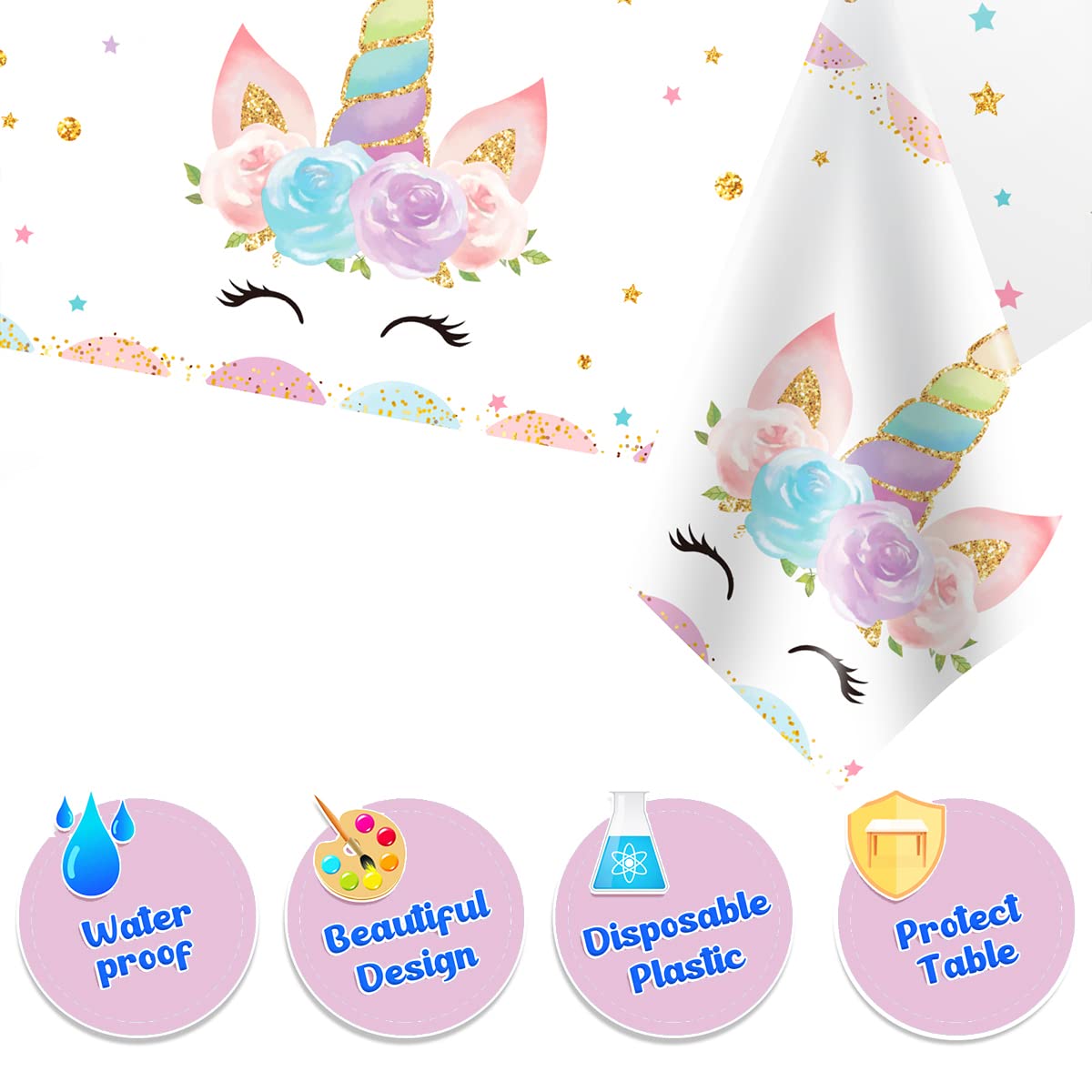 DaiUni 3PCS Unicorns Tablecloths – 54 x 108 in Disposable Party Covers