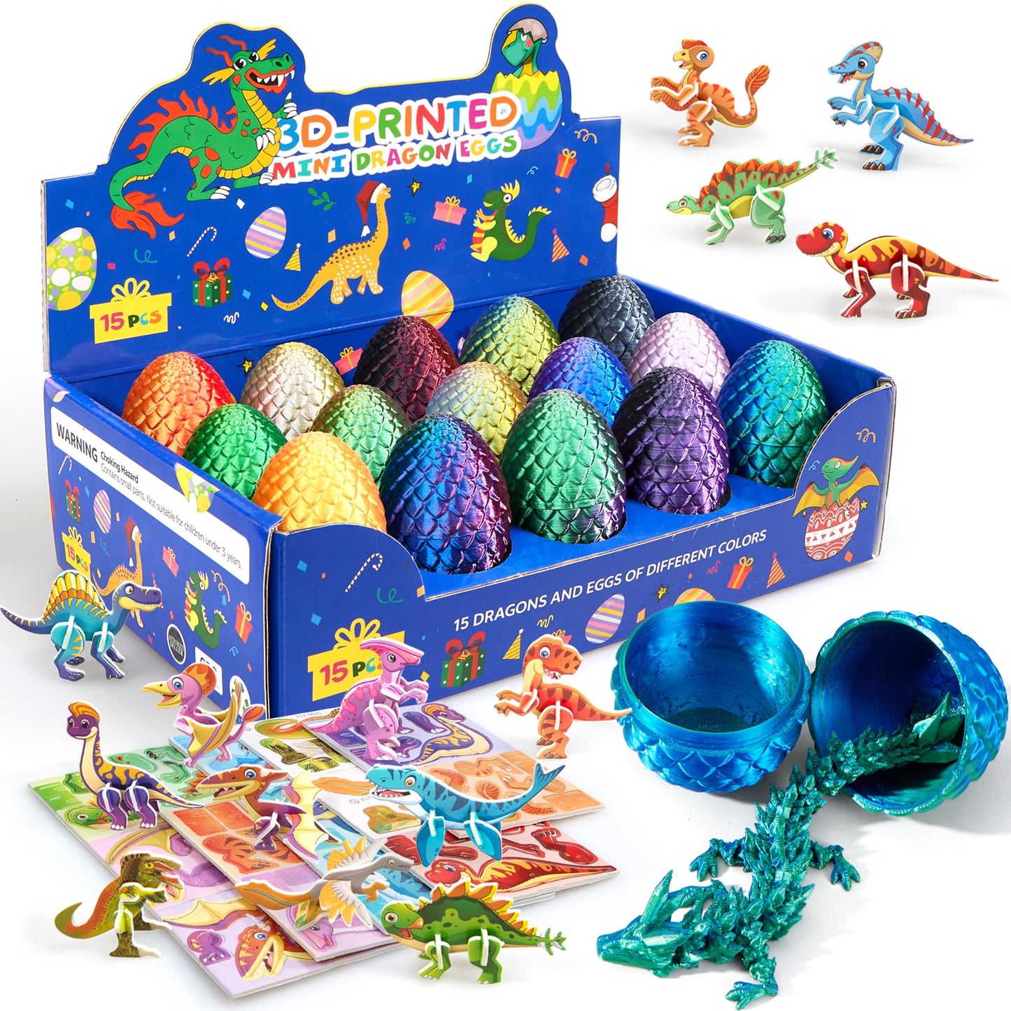 Dak Haan 15PCS 3D Printed Dragon Egg Set with Display Stand – Collectible Mini Dragons & DIY Craft Kit