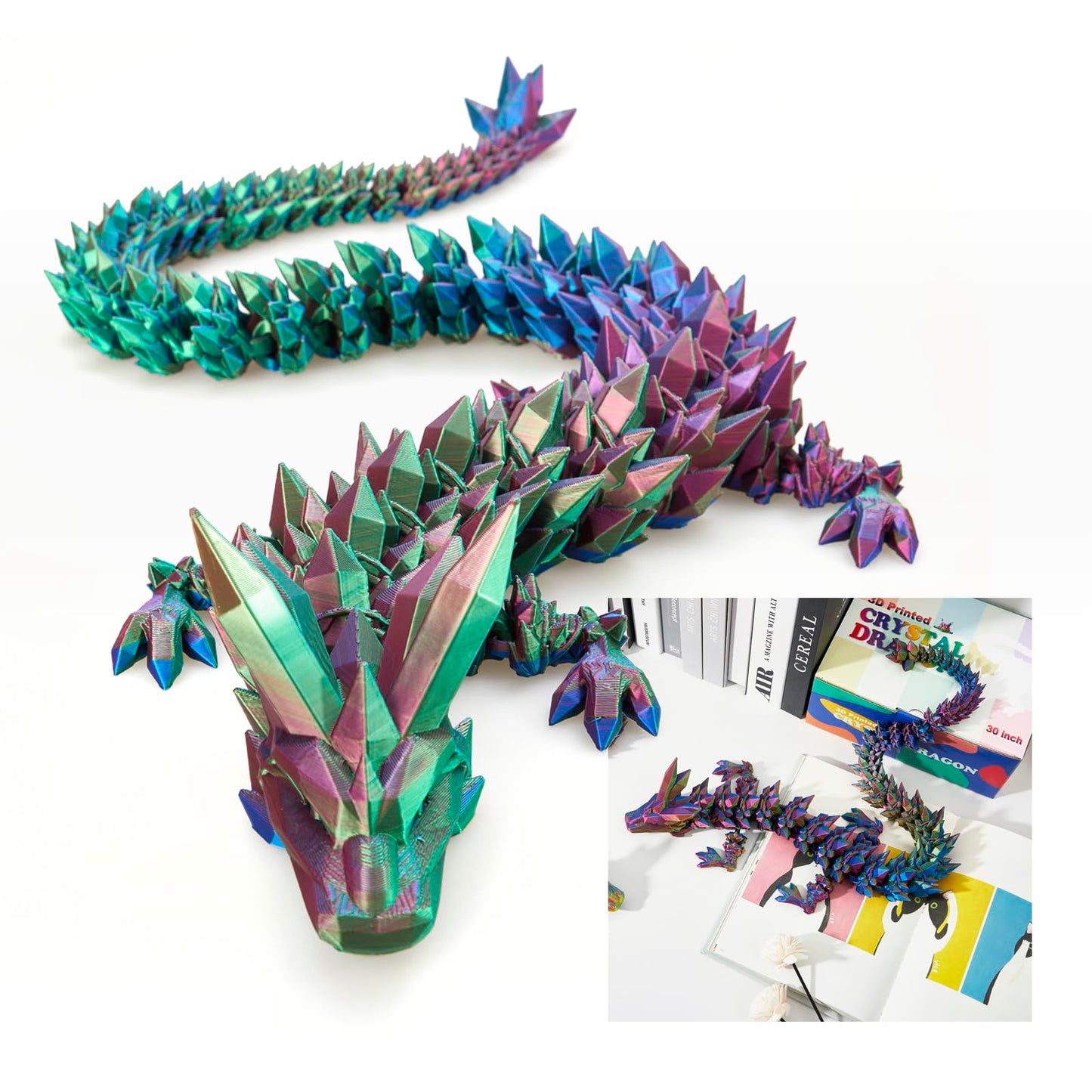 Dak Haan 24-inch Large 3D Printed Dragon – Articulated Crystal Dragon Fidget Toy & Display Piece
