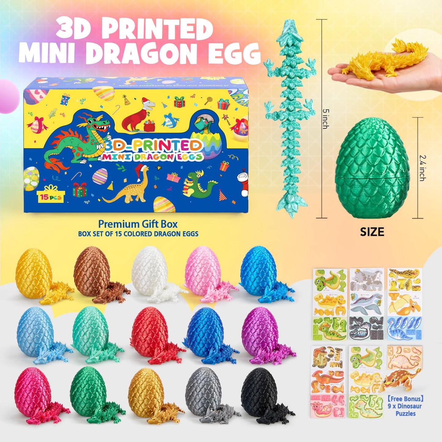 Dak Haan 15PCS 3D Printed Dragon Eggs Set with Display Stand | Collectible Mini Dragons